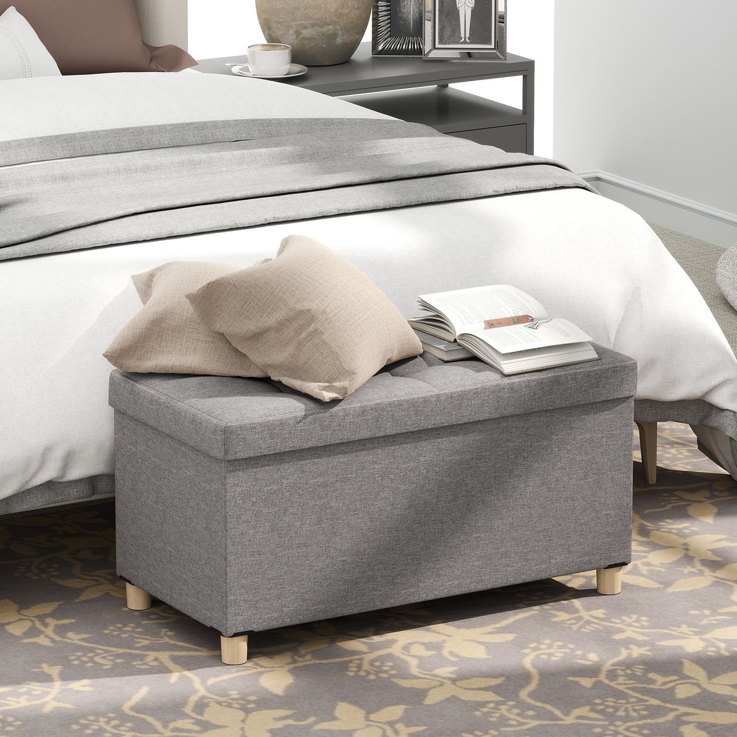 30 Inches Storage Ottoman Bench with Tray and Rubber Wood Legs, Gray Shoe Racks & Storage Benches at Gallery Canada