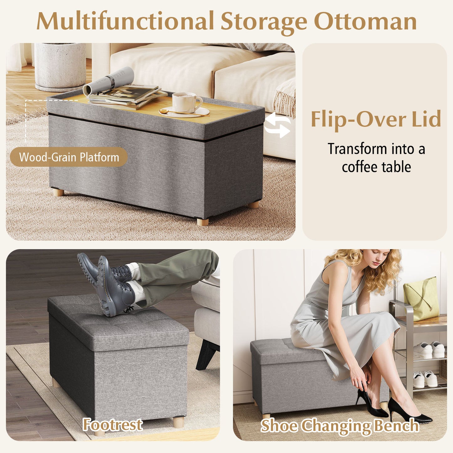 30 Inches Storage Ottoman Bench with Tray and Rubber Wood Legs, Gray Shoe Racks & Storage Benches at Gallery Canada