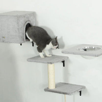 Cat Wall Shelves Set of 7, Perches with House, Sisal Ladder, Bed, Grey Cat Climbing Wall at Gallery Canada