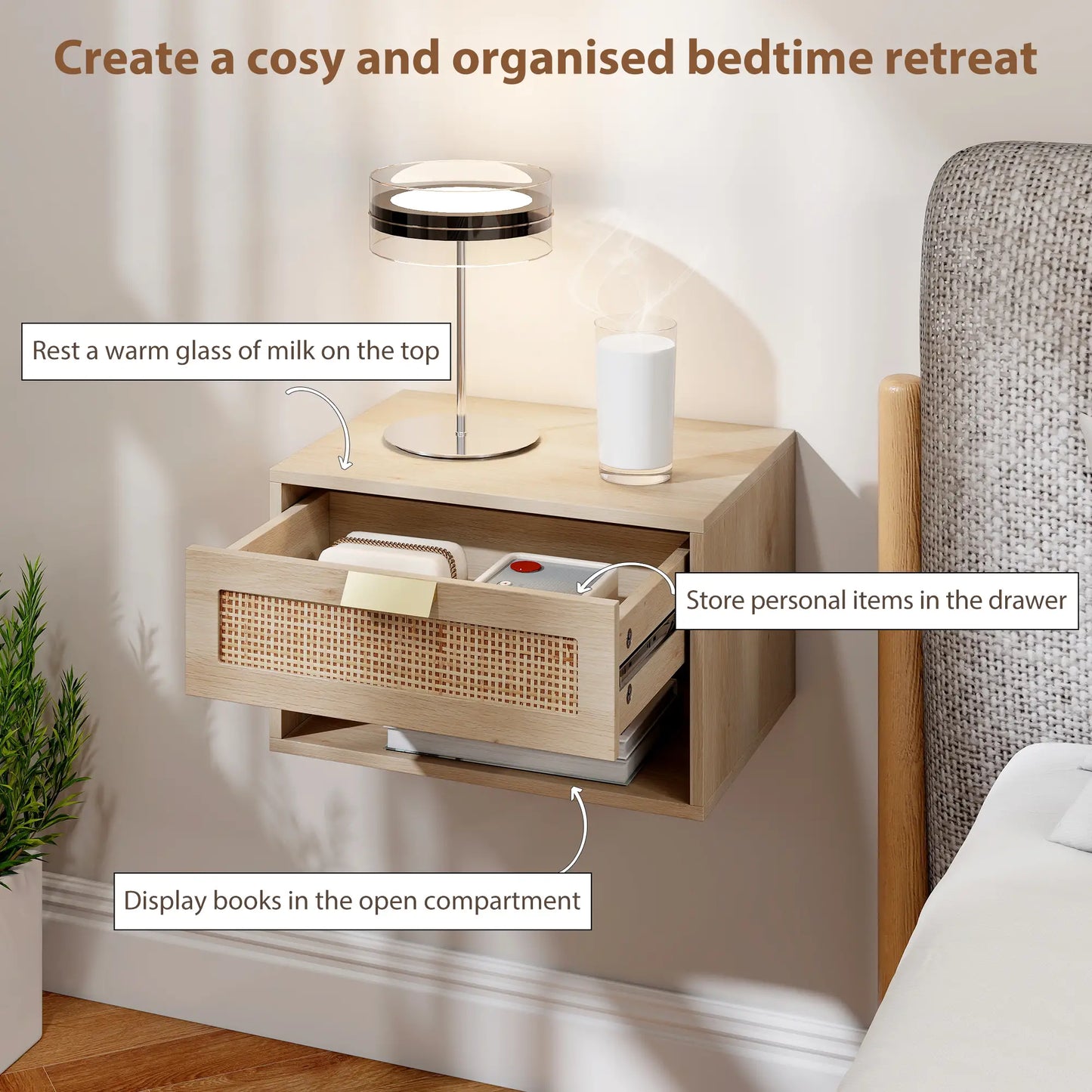 Floating Bedside Table Set, Wall Mount Nightstand With Storage Drawer, Oak Bedside Tables at Gallery Canada