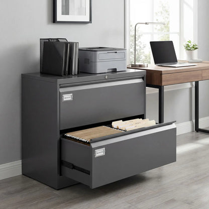 2 Drawer Lateral Filing Cabinet, Lockable Steel, A4 Letter Legal Size, Black Office Cabinets & Cupboards at Gallery Canada