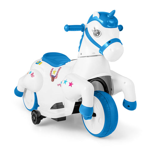 12V Unicorn Ride On Toy, Training Wheels, Horse Riding Mode, Navy