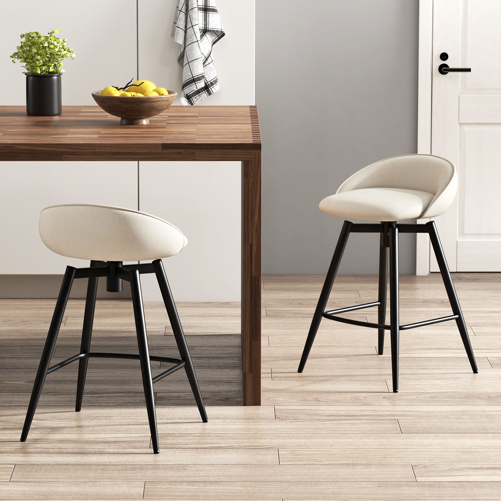 Upholstered Bar Stools Set of 2 with Footrest and Backrest, Beige Bar Stools at Gallery Canada
