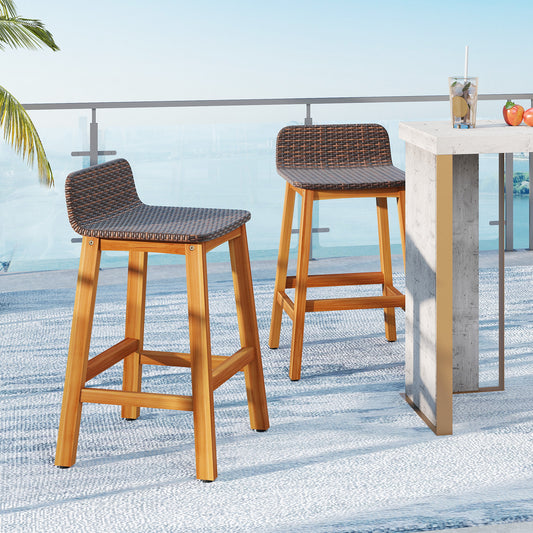 Solid Acacia Wood Bar Stools Set of 2 with Backrests and Footrests for Porch, Brown Patio Bar Furniture Brown at Gallery Canada