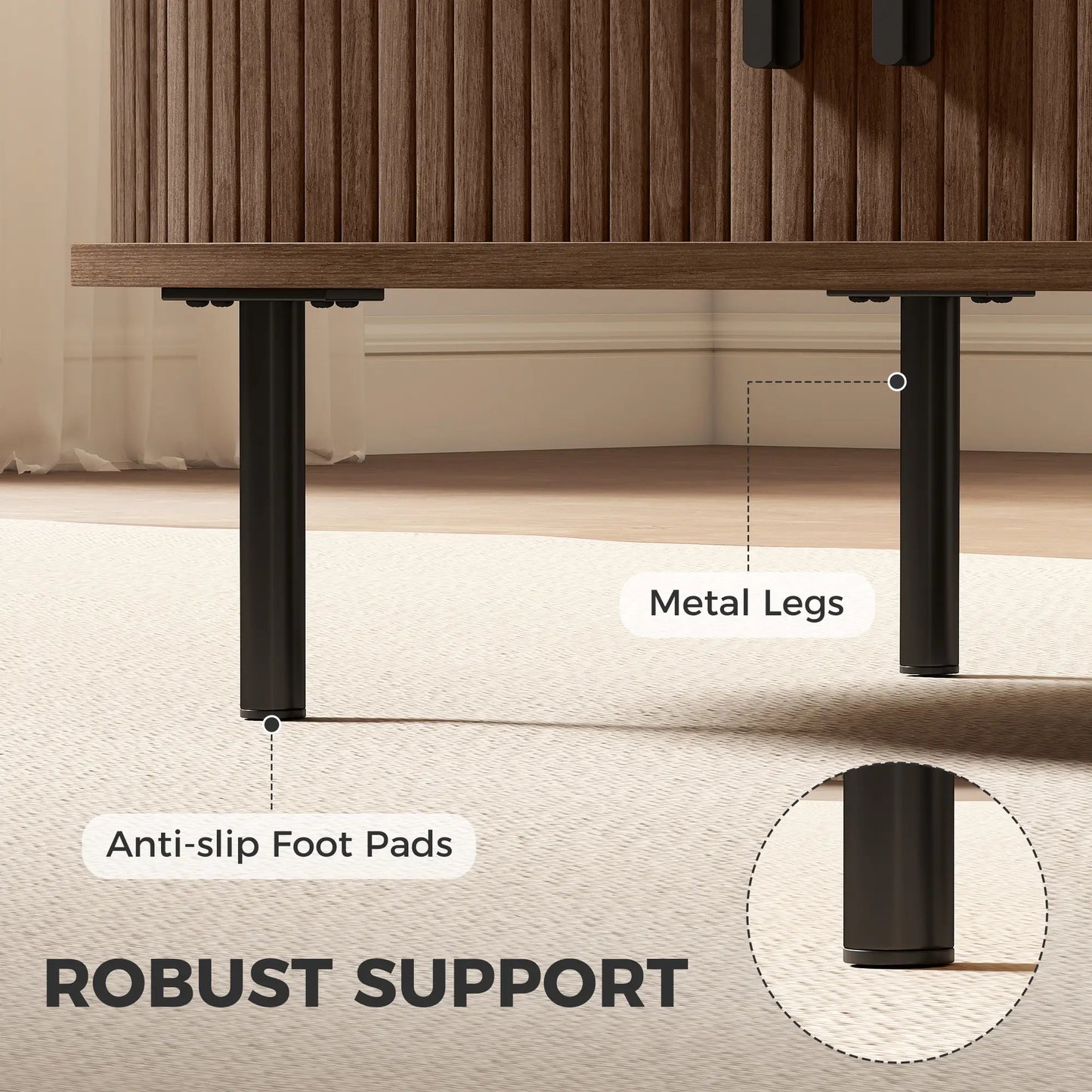 Coffee Table with Sliding Tambour Doors and Storage Center Table with Metal Legs, 39", Brown