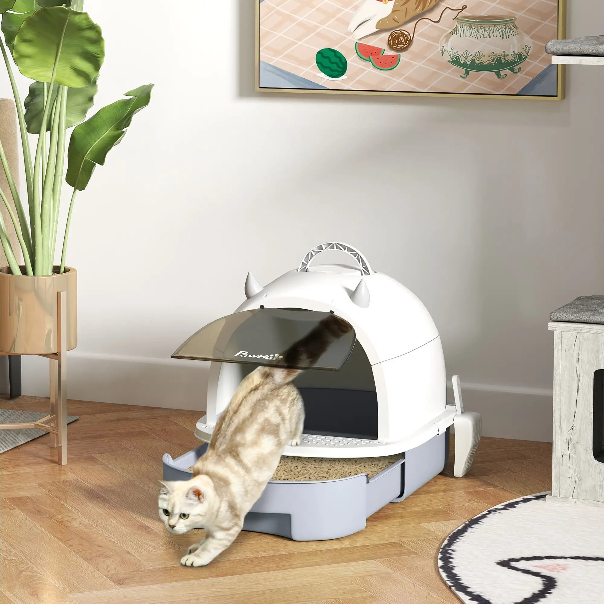 Cat Litter Box with Lid, Front Door Flap, Scoop, Grey Cat Litter Box Enclosures at Gallery Canada