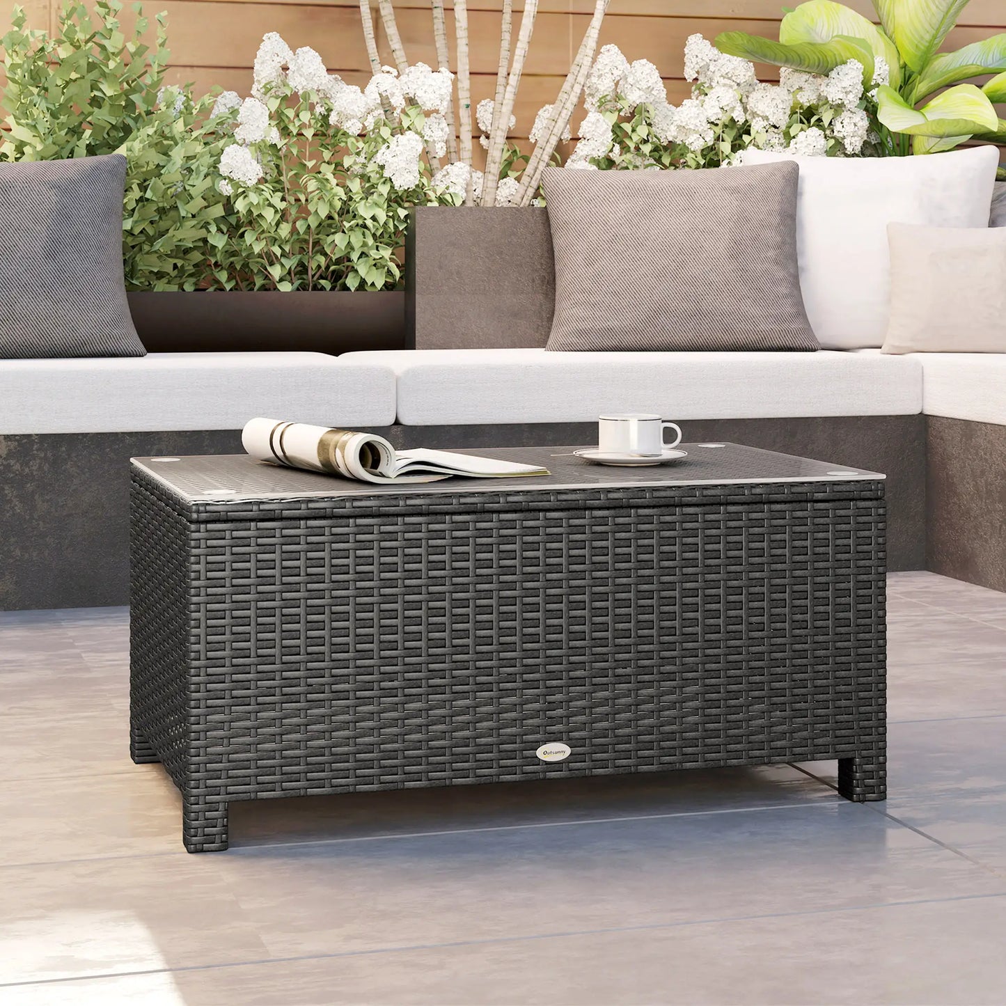 PE Wicker Outdoor Coffee Table, Glass Top, Dark Grey Patio Dining Tables at Gallery Canada