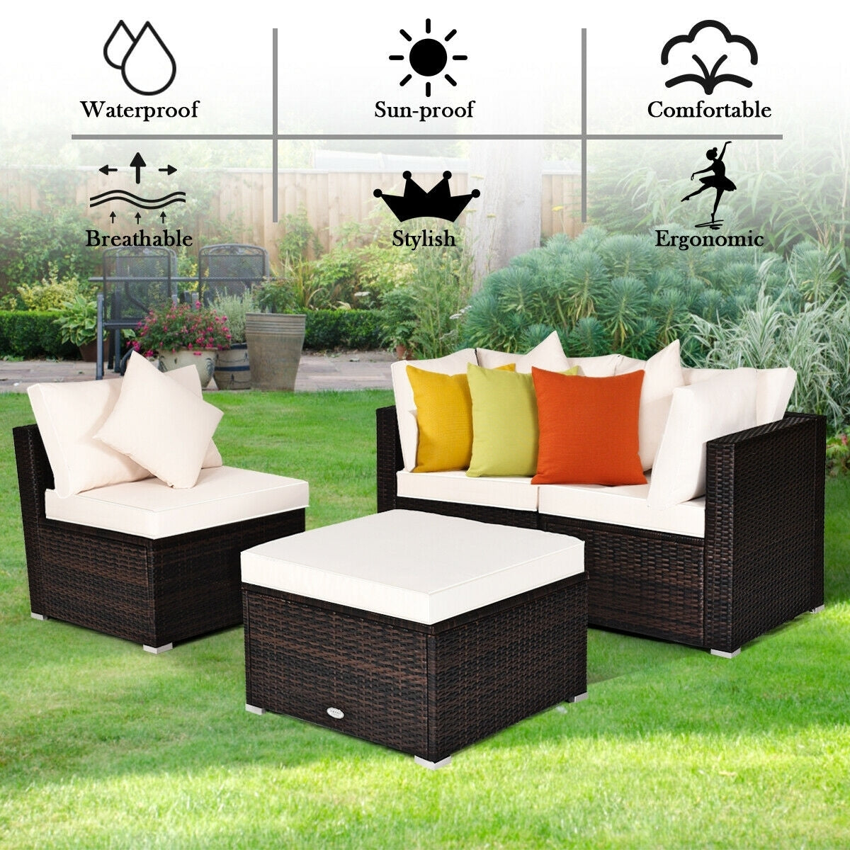 4 Pcs Ottoman Garden Deck Patio Rattan Wicker Furniture Set Cushioned Sofa, White Outdoor Sectionals at Gallery Canada