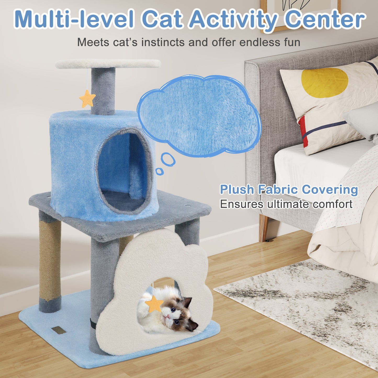 31.5" Cute Modern Cat Tree Multi-Level Kitten Tower, Blue Cat Trees Condos & Scratchers at Gallery Canada
