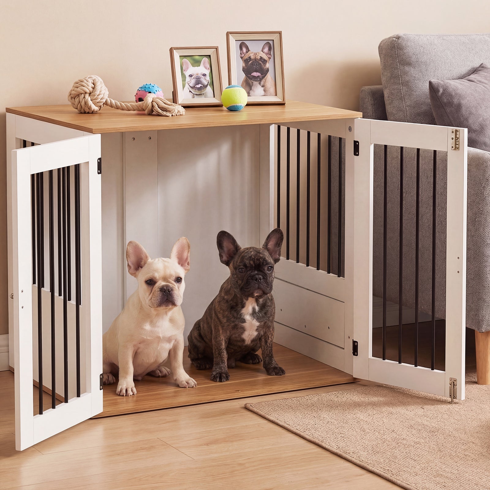 31.5” Wooden Dog Crate Furniture, Double Lock Doors, White Dog Kennels at Gallery Canada