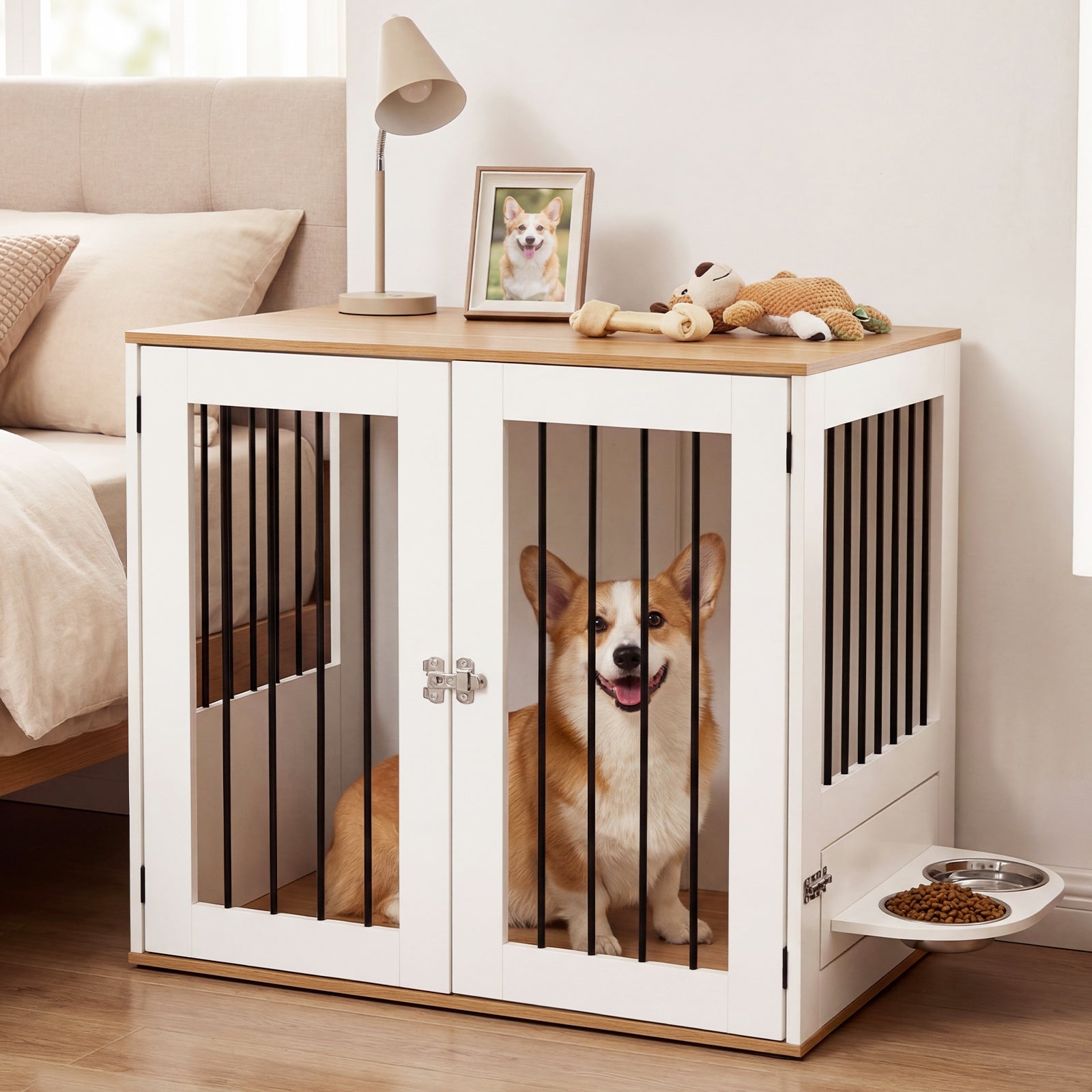 31.5” Wooden Dog Crate Furniture, Double Lock Doors, White Dog Kennels at Gallery Canada