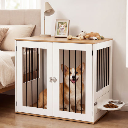 31.5” Wooden Dog Crate Furniture, Double Lock Doors, White Dog Kennels at Gallery Canada