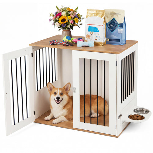 31.5” Wooden Dog Crate Furniture, Double Lock Doors, White