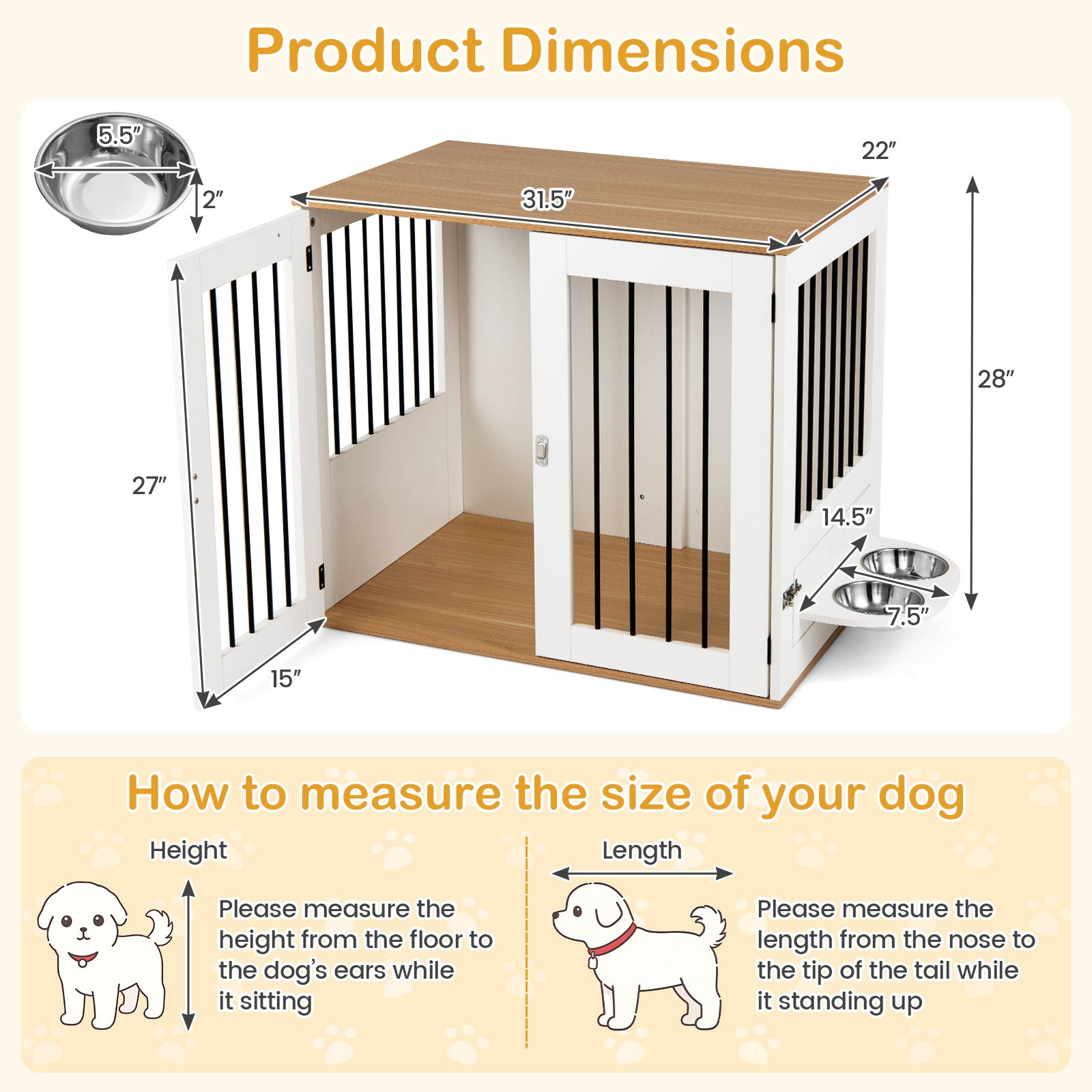 31.5” Wooden Dog Crate Furniture, Double Lock Doors, White Dog Kennels at Gallery Canada