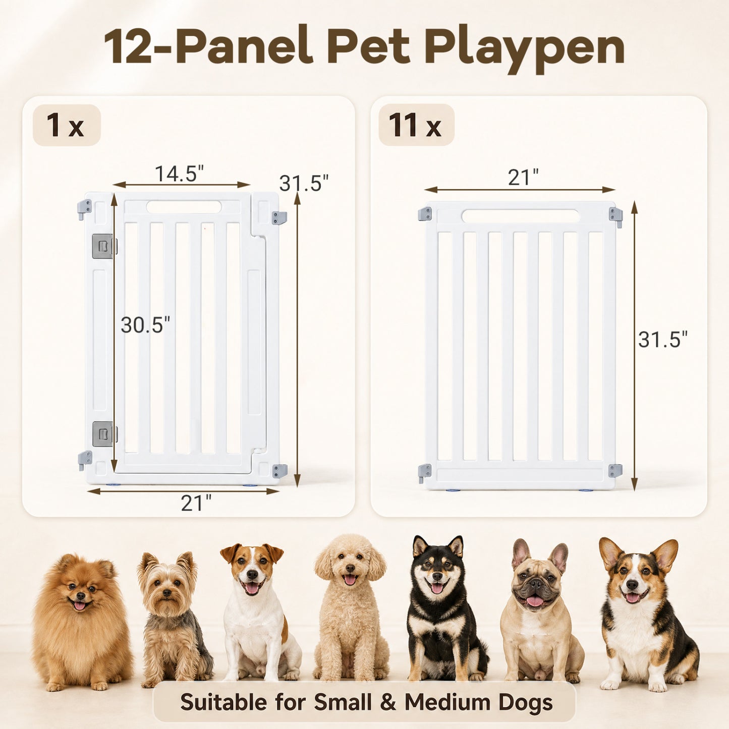 31.5" Height Indoor Outdoor Dog Playpen, 12 Panels, White