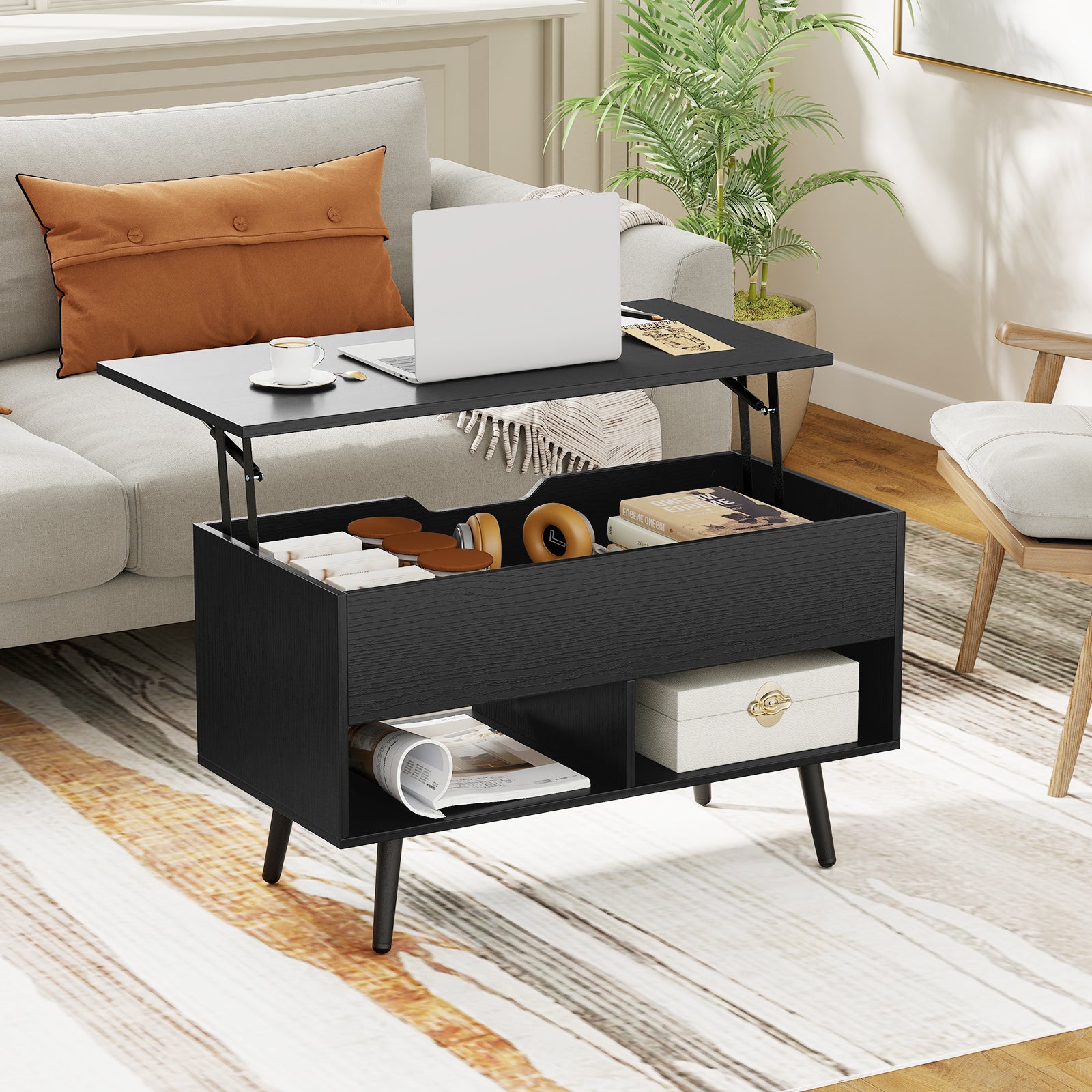 31.5 Inch Lift Top Coffee Table, Hidden Compartment, 2 Storage Shelves, Black Coffee Tables at Gallery Canada