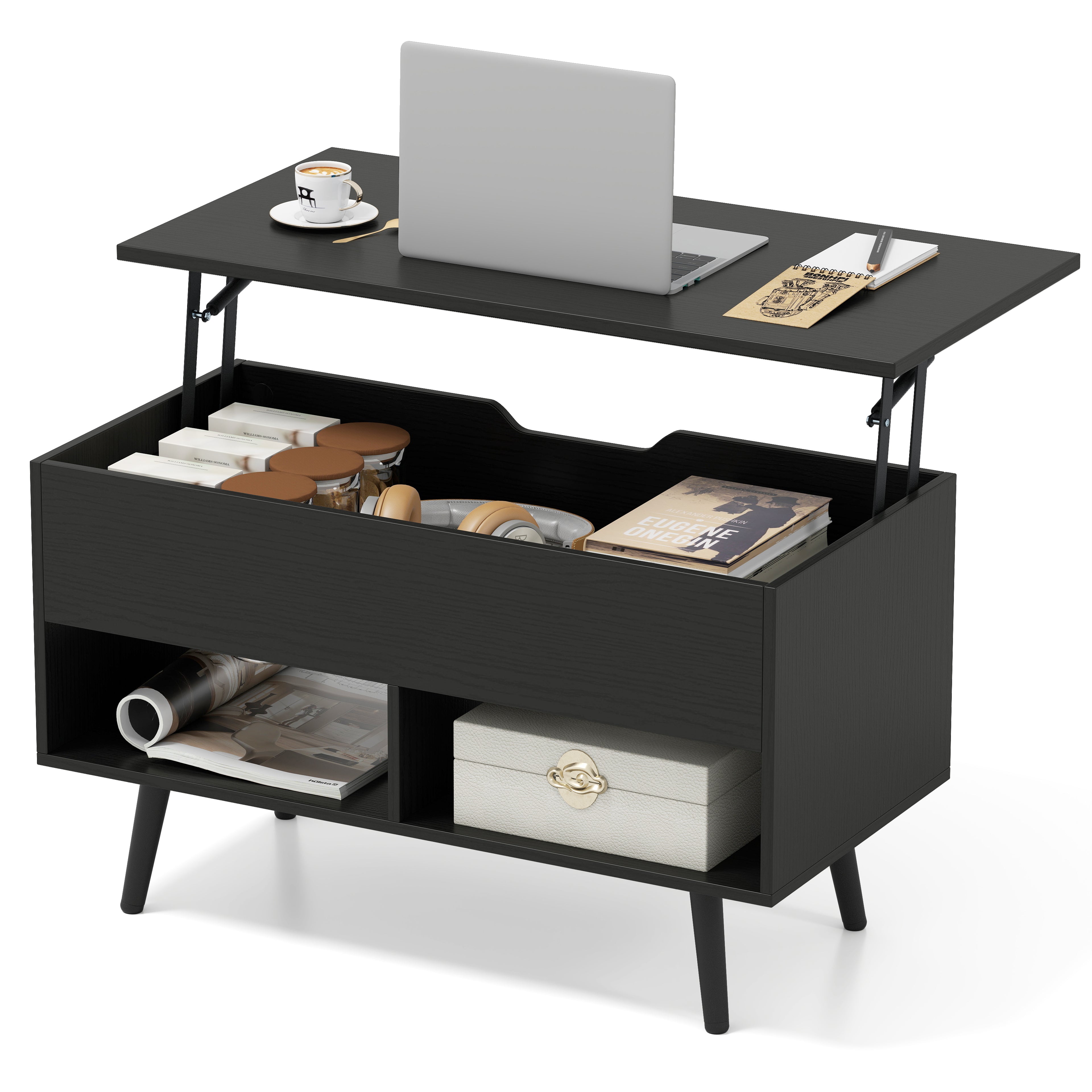 31.5 Inch Lift Top Coffee Table, Hidden Compartment, 2 Storage Shelves, Black Coffee Tables at Gallery Canada