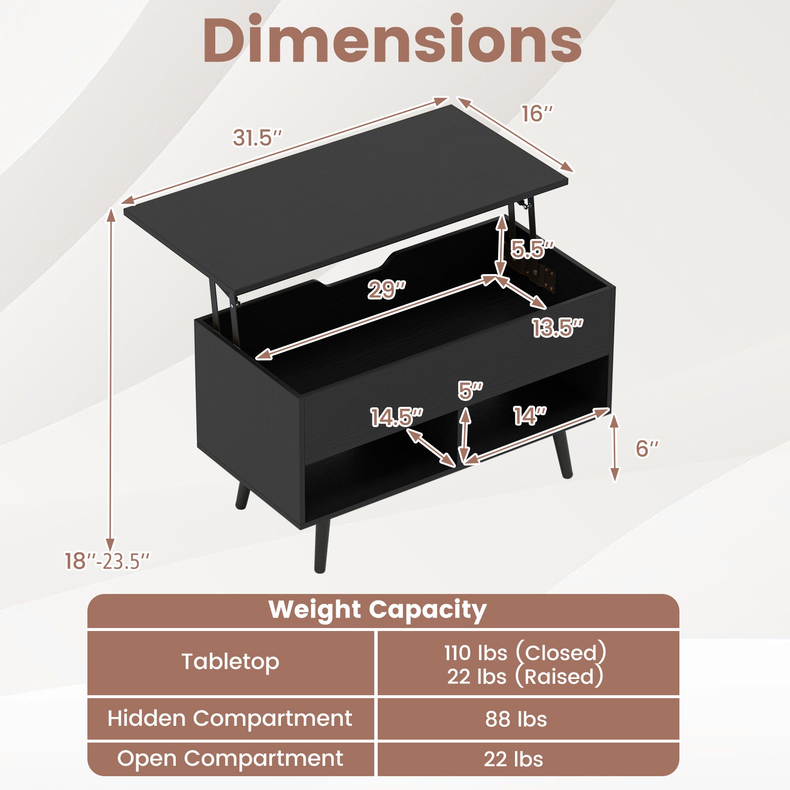 31.5 Inch Lift Top Coffee Table, Hidden Compartment, 2 Storage Shelves, Black Coffee Tables at Gallery Canada