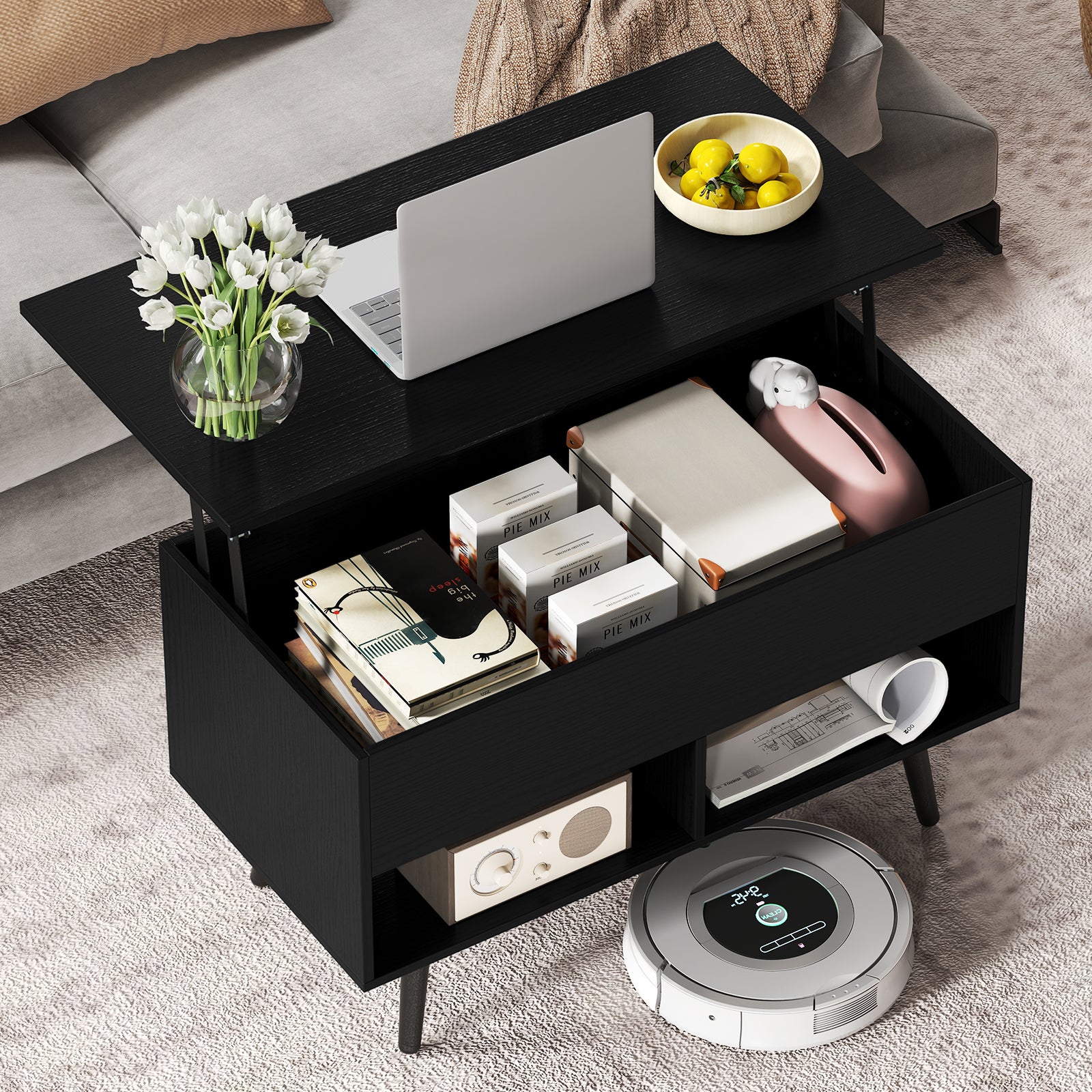 31.5 Inch Lift Top Coffee Table, Hidden Compartment, 2 Storage Shelves, Black Coffee Tables at Gallery Canada