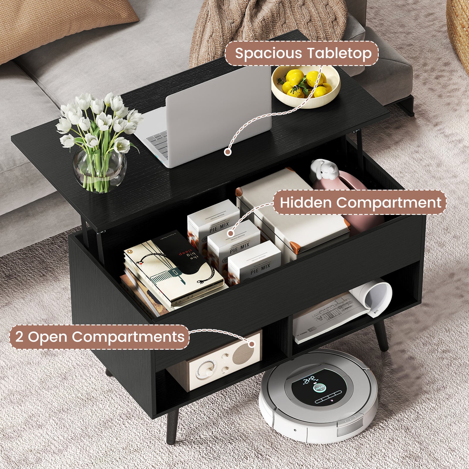31.5 Inch Lift Top Coffee Table, Hidden Compartment, 2 Storage Shelves, Black Coffee Tables at Gallery Canada