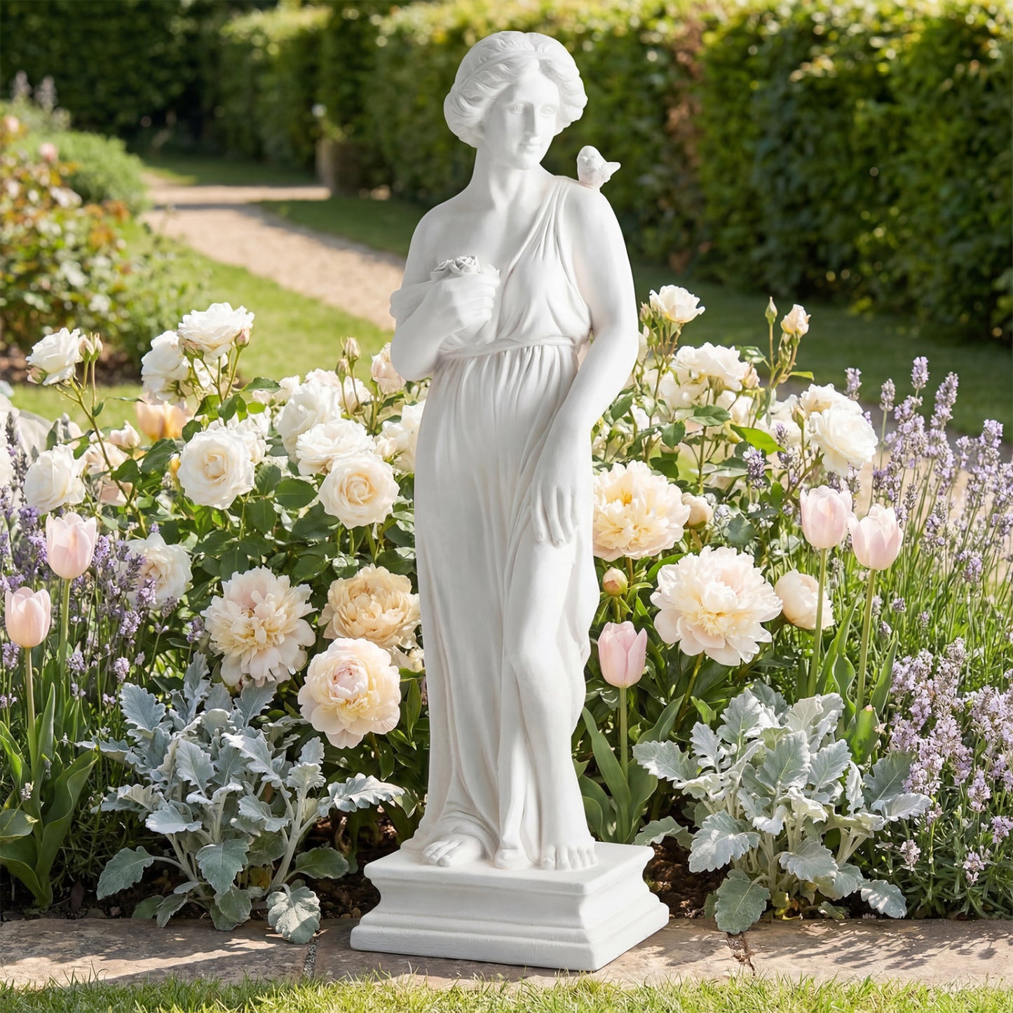 31.5 Inch Greek Goddess Statue, Antique Finish, Column Base, White Outdoor Decor at Gallery Canada
