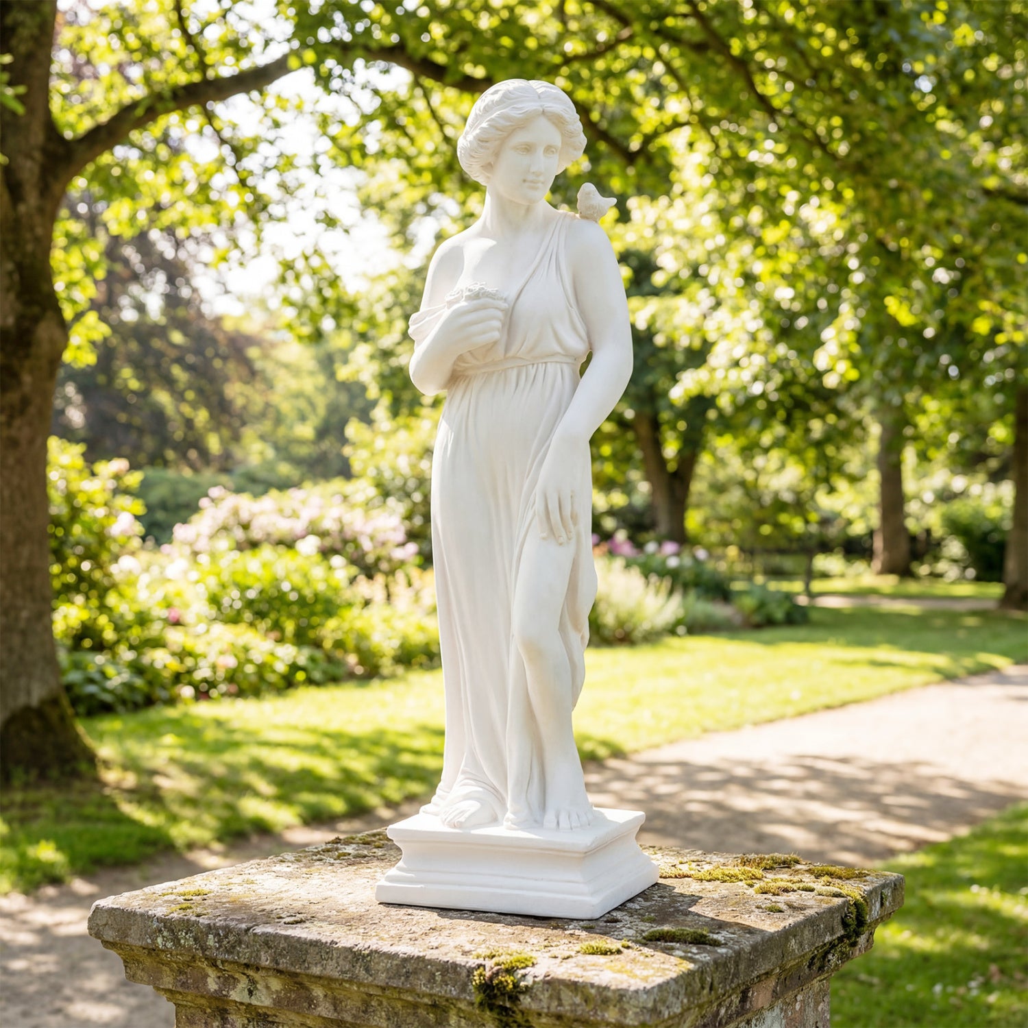 31.5 Inch Greek Goddess Statue, Antique Finish, Column Base, White Outdoor Decor at Gallery Canada
