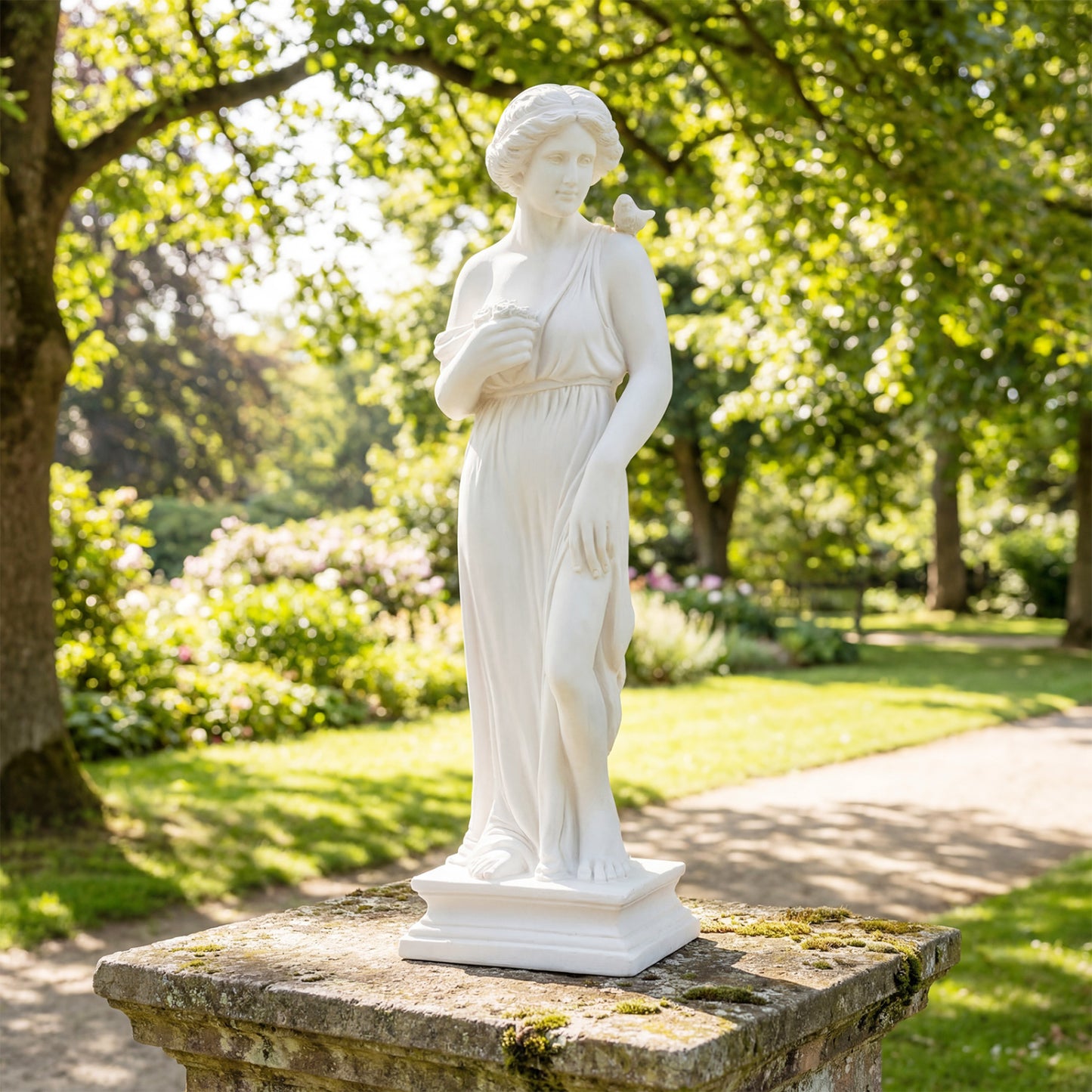 31.5 Inch Greek Goddess Statue, Antique Finish, Column Base, White Outdoor Decor at Gallery Canada