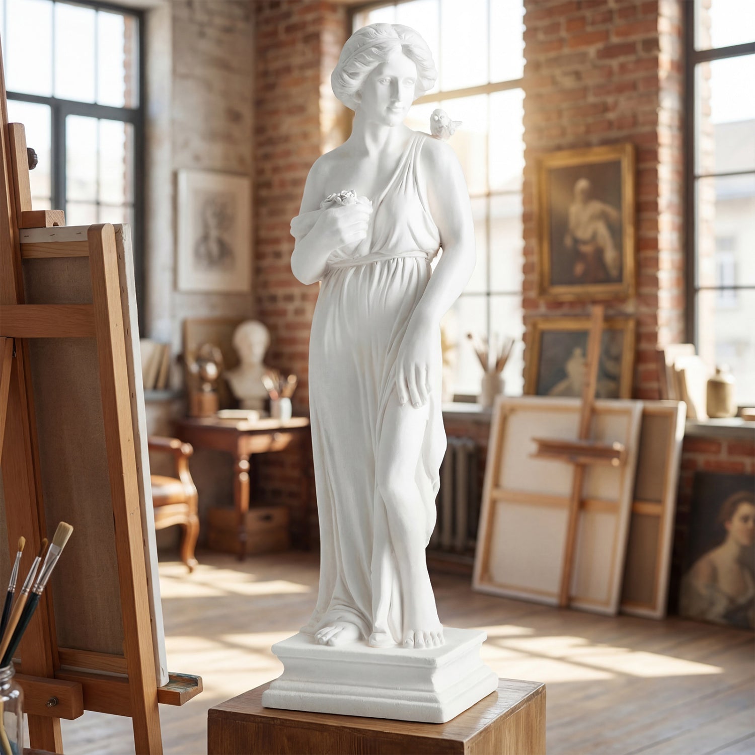 31.5 Inch Greek Goddess Statue, Antique Finish, Column Base, White Outdoor Decor at Gallery Canada