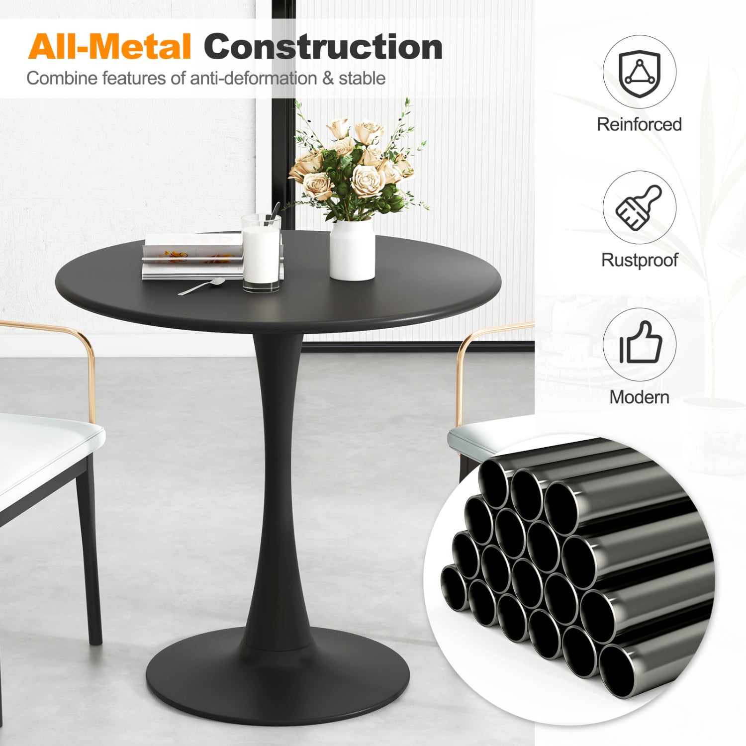 31.5 Inch Round Dining Table, Anti-Slip PP Ring, Black Bar Tables at Gallery Canada