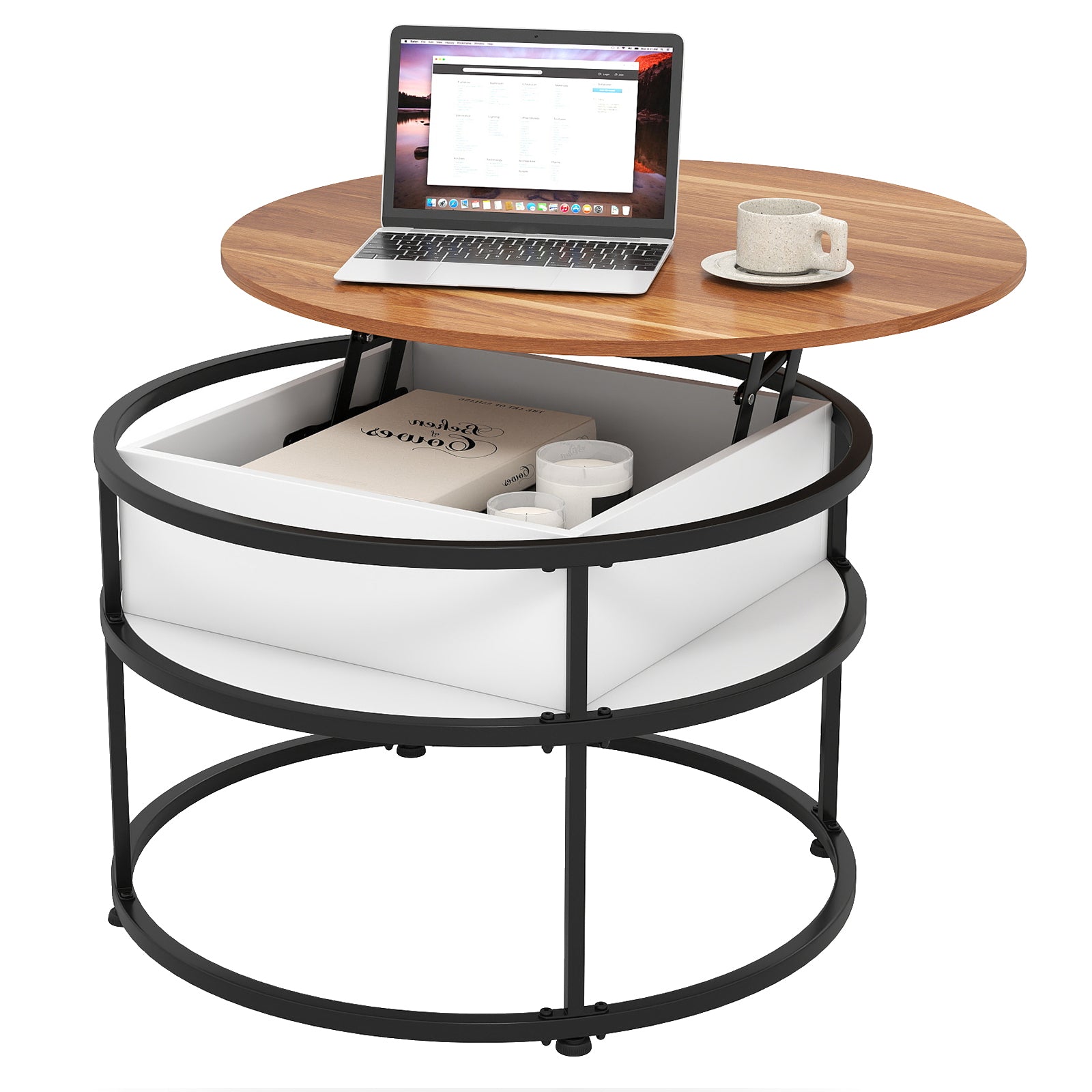 31.5 Inch Round Lift Top Coffee Table with Hidden Compartment and Side Shelves, Teak Coffee Tables at Gallery Canada