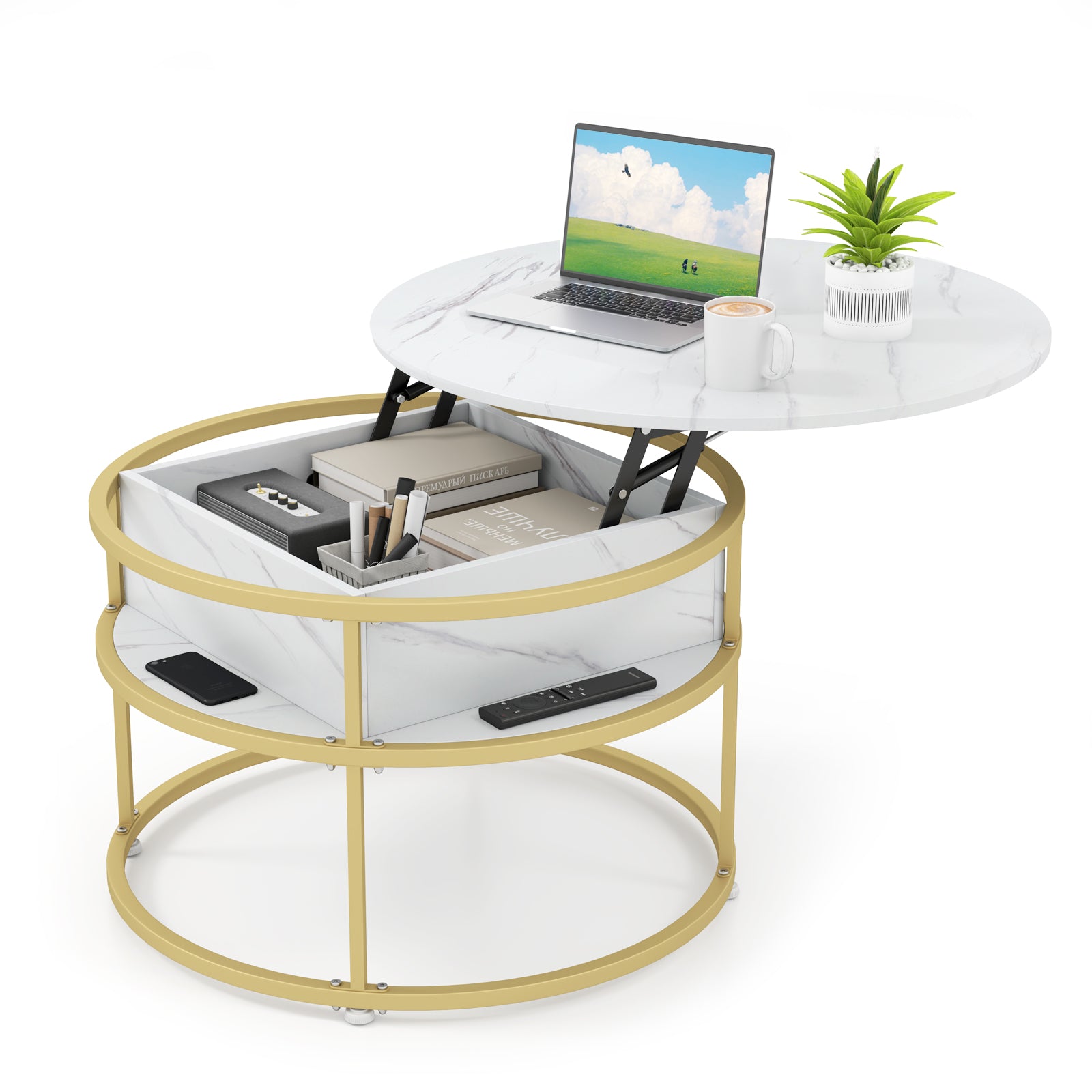 31.5 Inch Round Lift Top Coffee Table with Hidden Compartment and Side Shelves, White Coffee Tables White at Gallery Canada