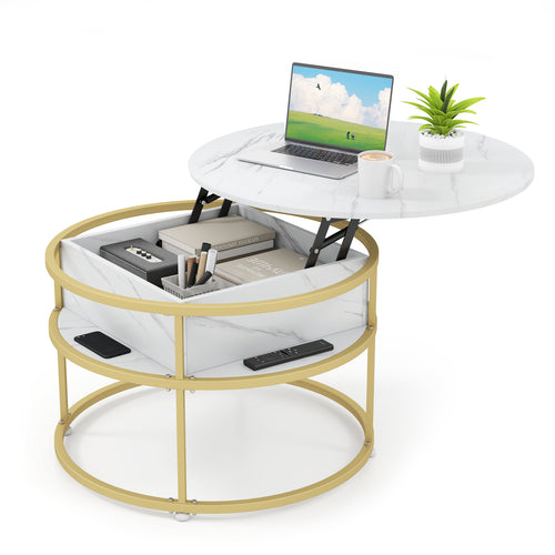 31.5 Inch Round Lift Top Coffee Table with Hidden Compartment and Side Shelves, White