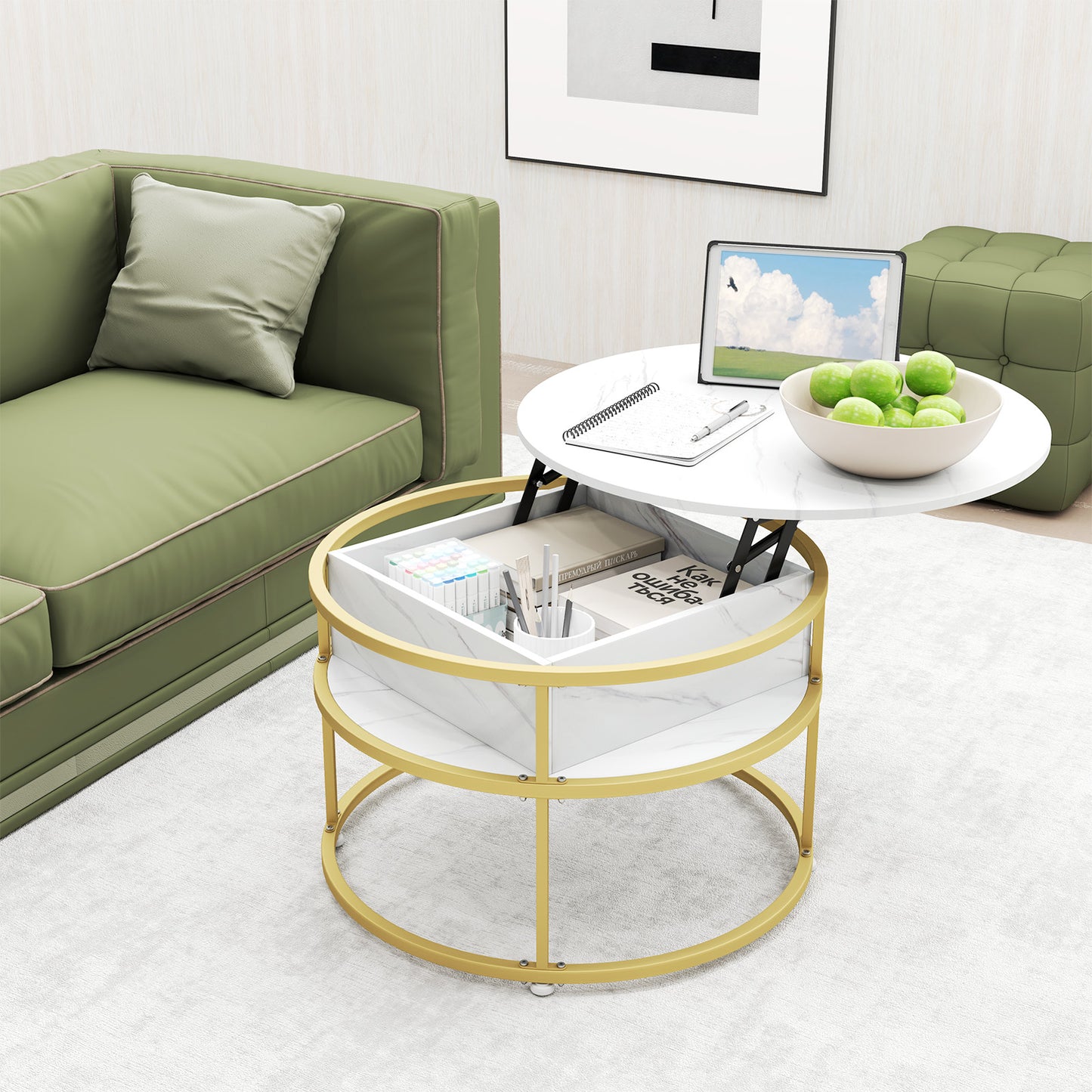 31.5 Inch Round Lift Top Coffee Table with Hidden Compartment and Side Shelves, White Coffee Tables at Gallery Canada