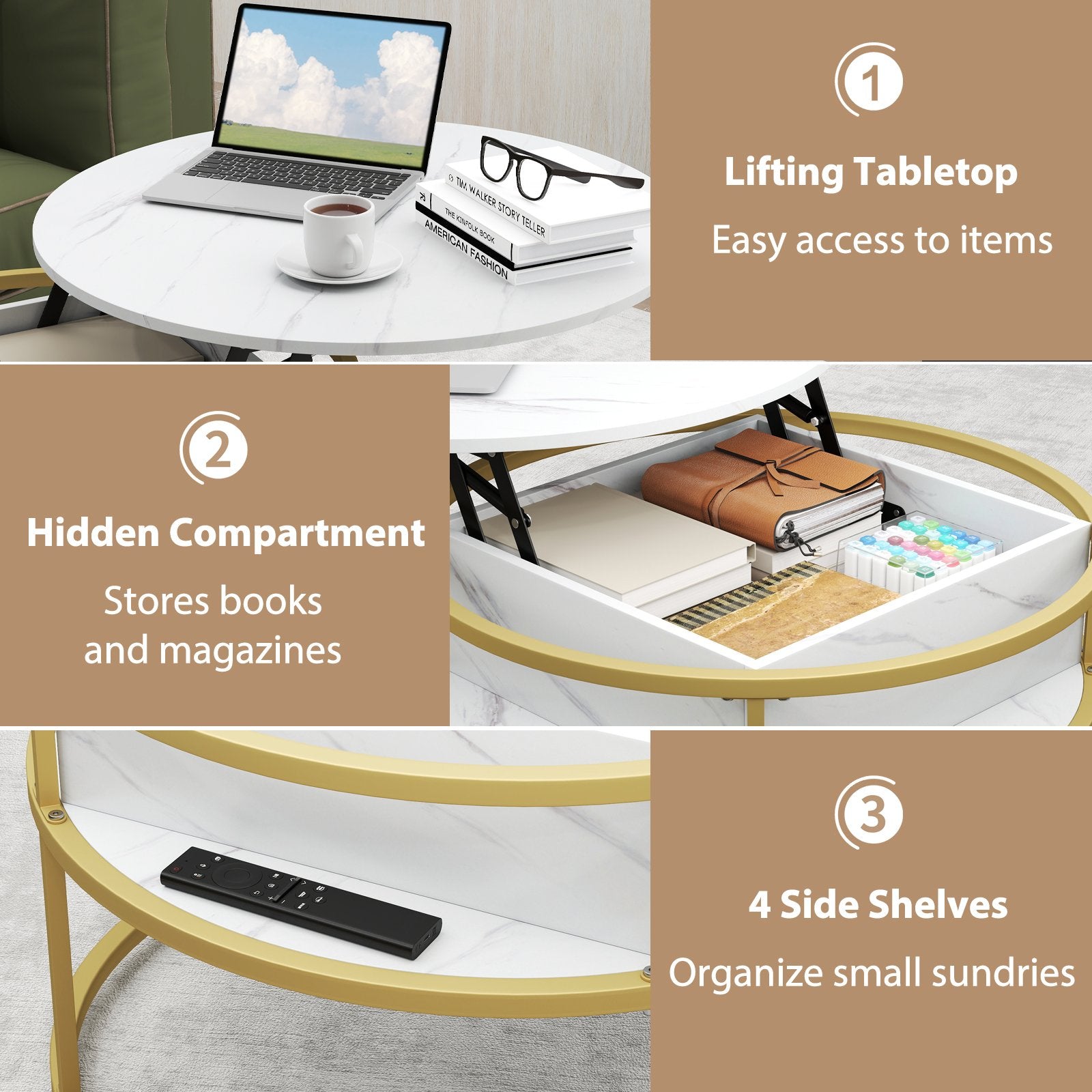 31.5 Inch Round Lift Top Coffee Table with Hidden Compartment and Side Shelves, White Coffee Tables at Gallery Canada