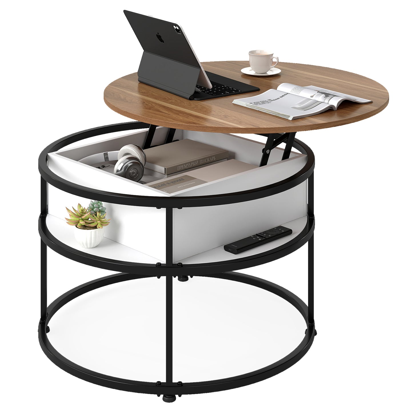 31.5 Inch Round Lift Top Coffee Table with Hidden Compartment and Side Shelves, Teak Coffee Tables at Gallery Canada