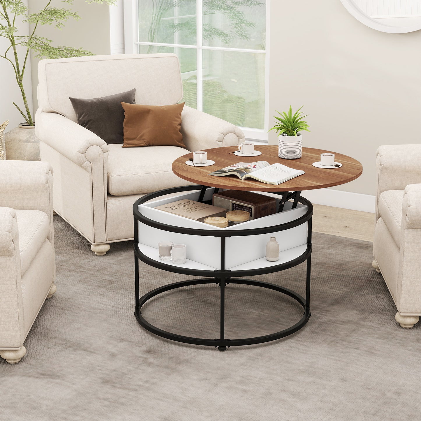 31.5 Inch Round Lift Top Coffee Table with Hidden Compartment and Side Shelves, Teak Coffee Tables at Gallery Canada