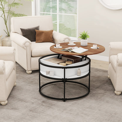 31.5 Inch Round Lift Top Coffee Table with Hidden Compartment and Side Shelves, Teak Coffee Tables at Gallery Canada