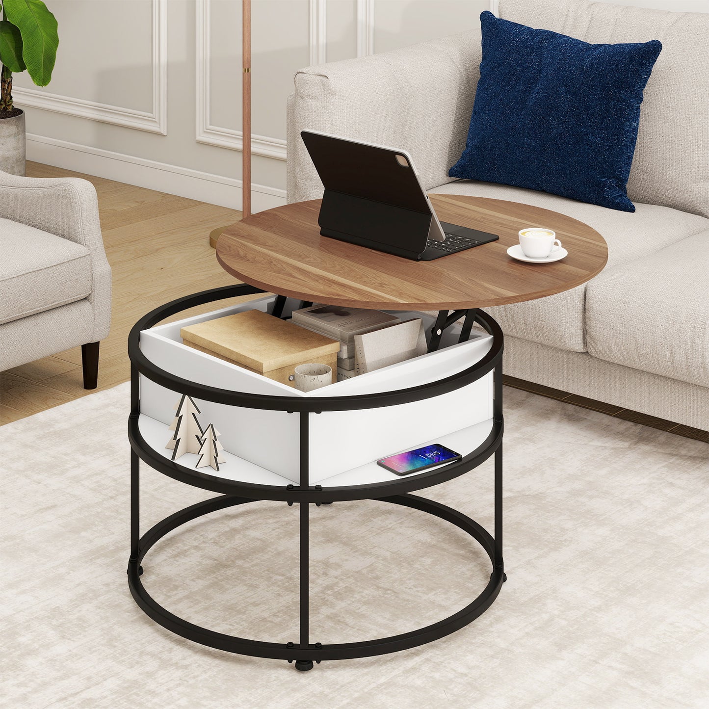 31.5 Inch Round Lift Top Coffee Table with Hidden Compartment and Side Shelves, Teak Coffee Tables at Gallery Canada