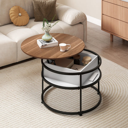 31.5 Inch Round Lift Top Coffee Table with Hidden Compartment and Side Shelves, Teak Coffee Tables at Gallery Canada