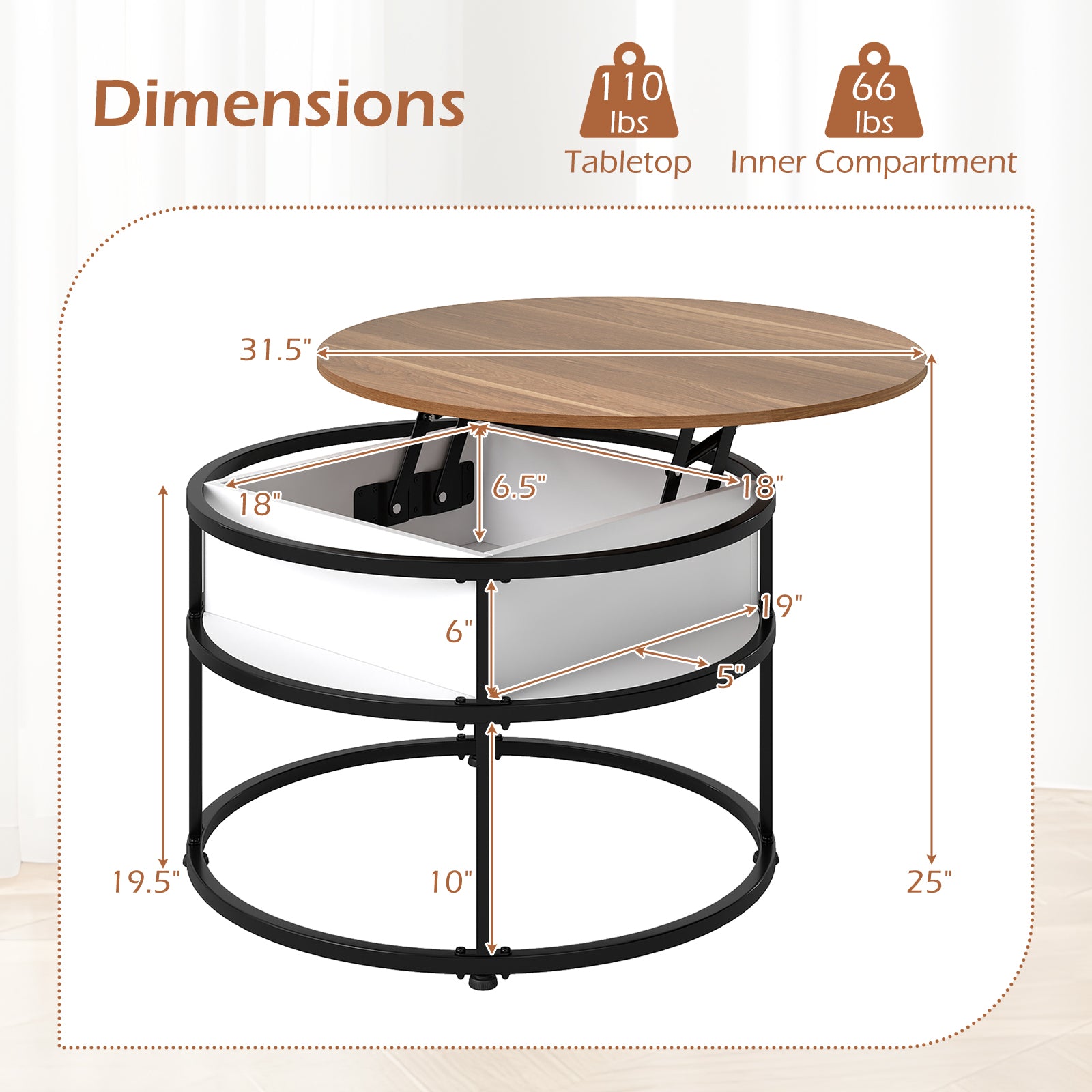 31.5 Inch Round Lift Top Coffee Table with Hidden Compartment and Side Shelves, Teak Coffee Tables at Gallery Canada