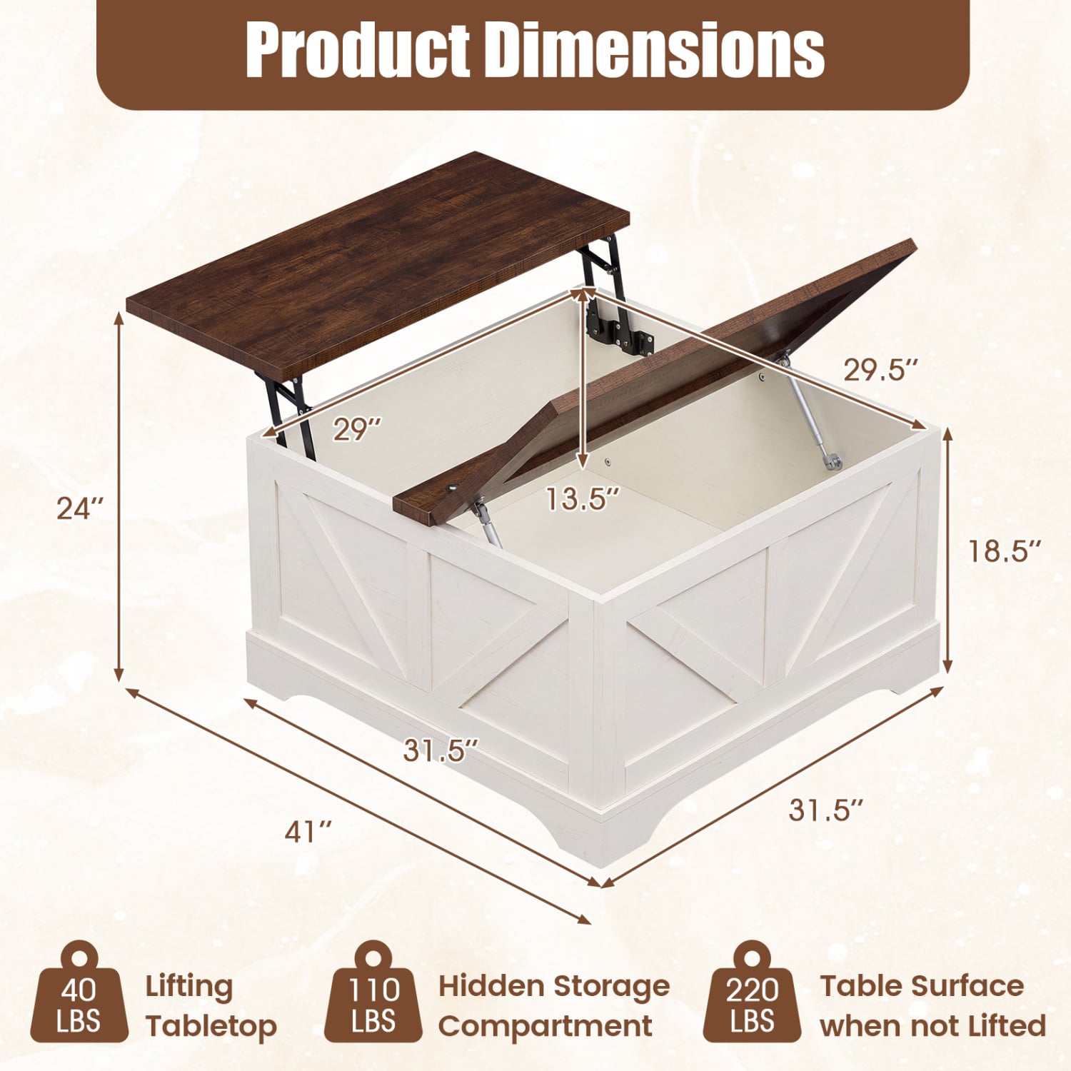 31.5 In Square Coffee Table with Lift Top Storage, Rustic Brown Coffee Tables at Gallery Canada