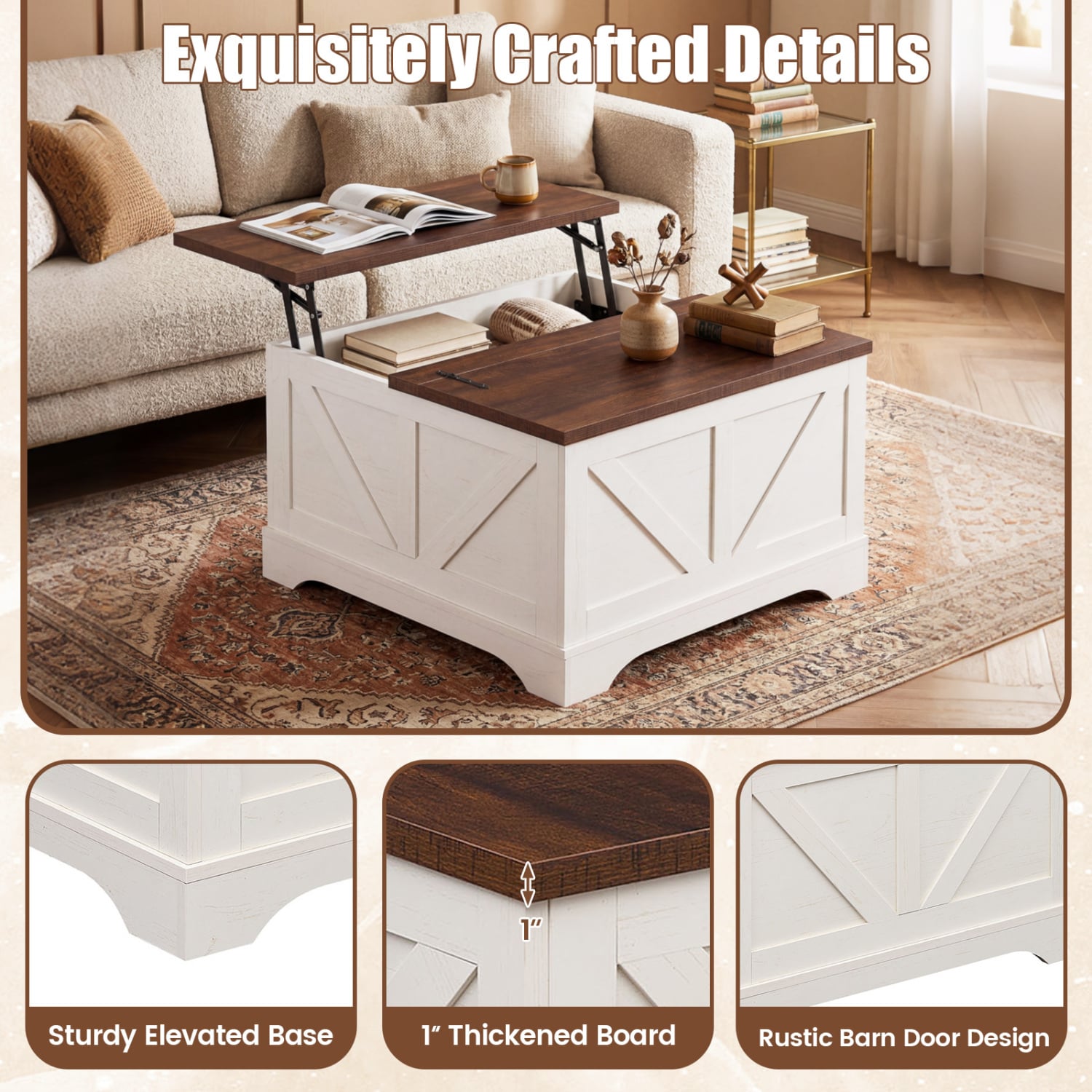 31.5 In Square Coffee Table with Lift Top Storage, Rustic Brown Coffee Tables at Gallery Canada