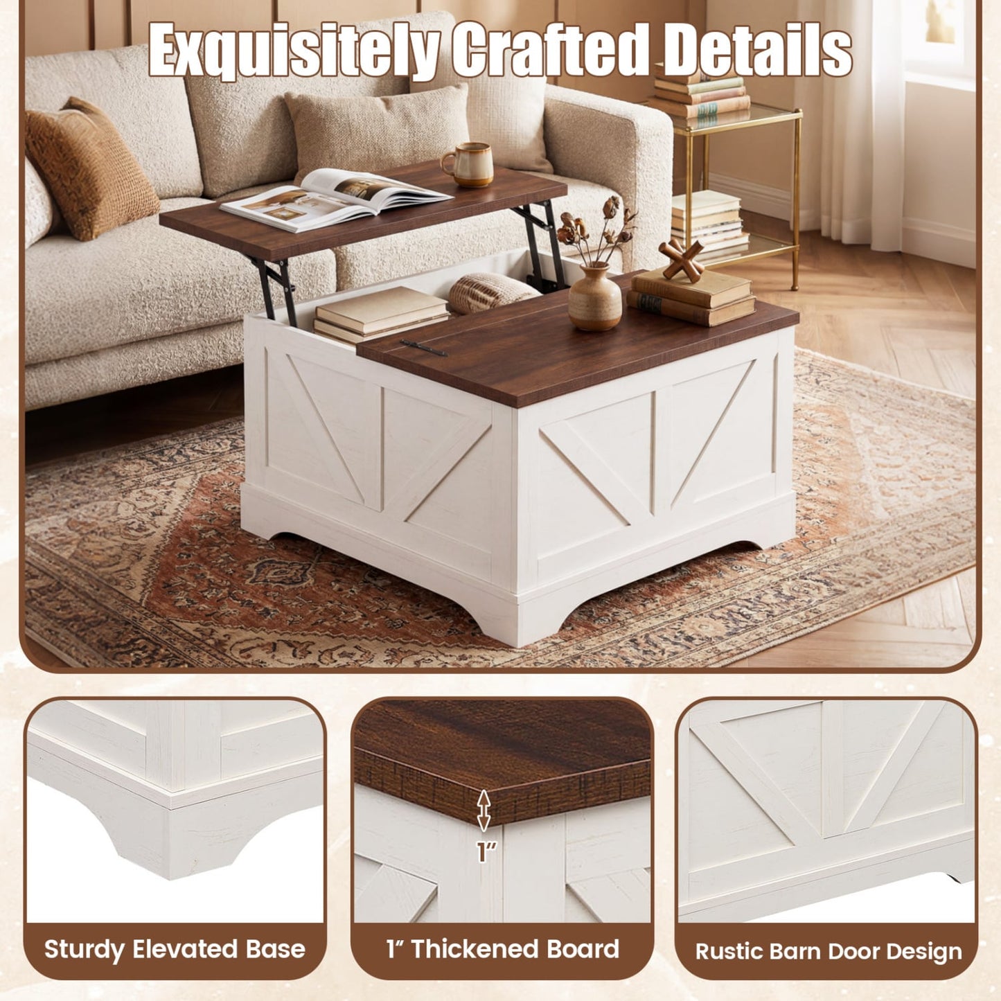 31.5 In Square Coffee Table with Lift Top Storage, Rustic Brown Coffee Tables at Gallery Canada