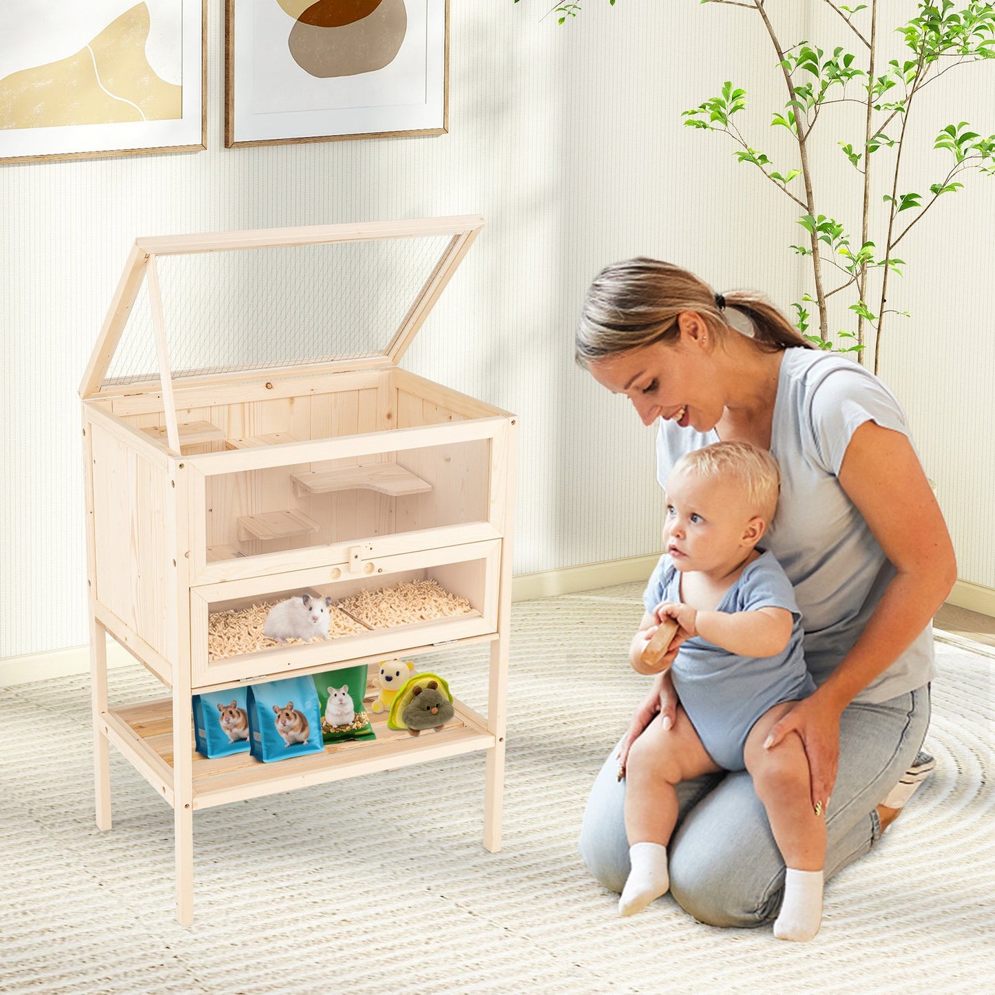 31.5 Inches Freestanding Hamster Cage Wooden Hamster Habitat Playpen, Natural Pets at Gallery Canada