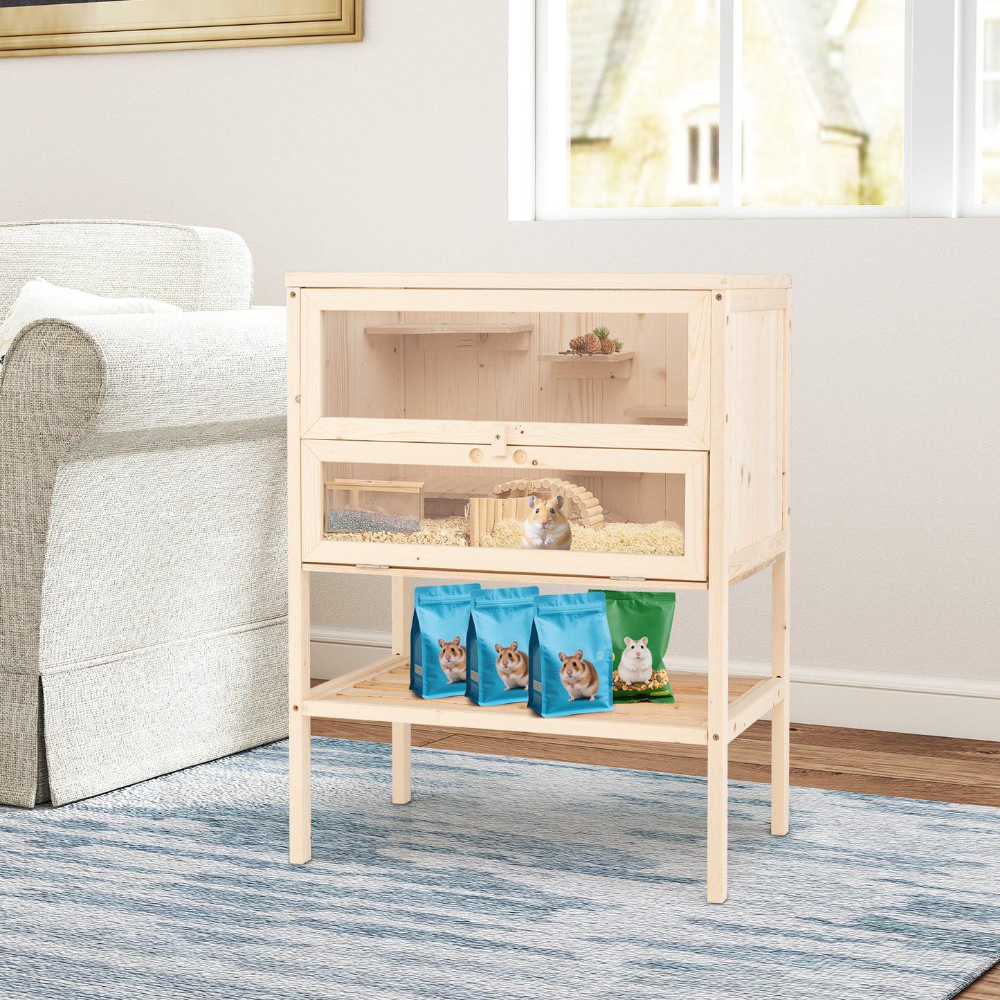 31.5 Inches Freestanding Hamster Cage Wooden Hamster Habitat Playpen, Natural Pets at Gallery Canada