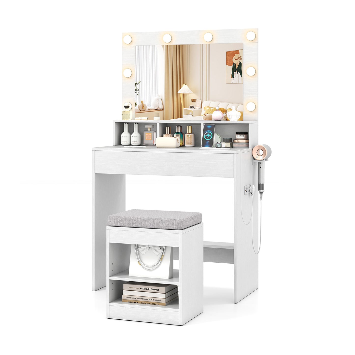 31.5 Inches Vanity Desk with 3 Lighting Modes and Storage Shelves, White Makeup Vanities White at Gallery Canada