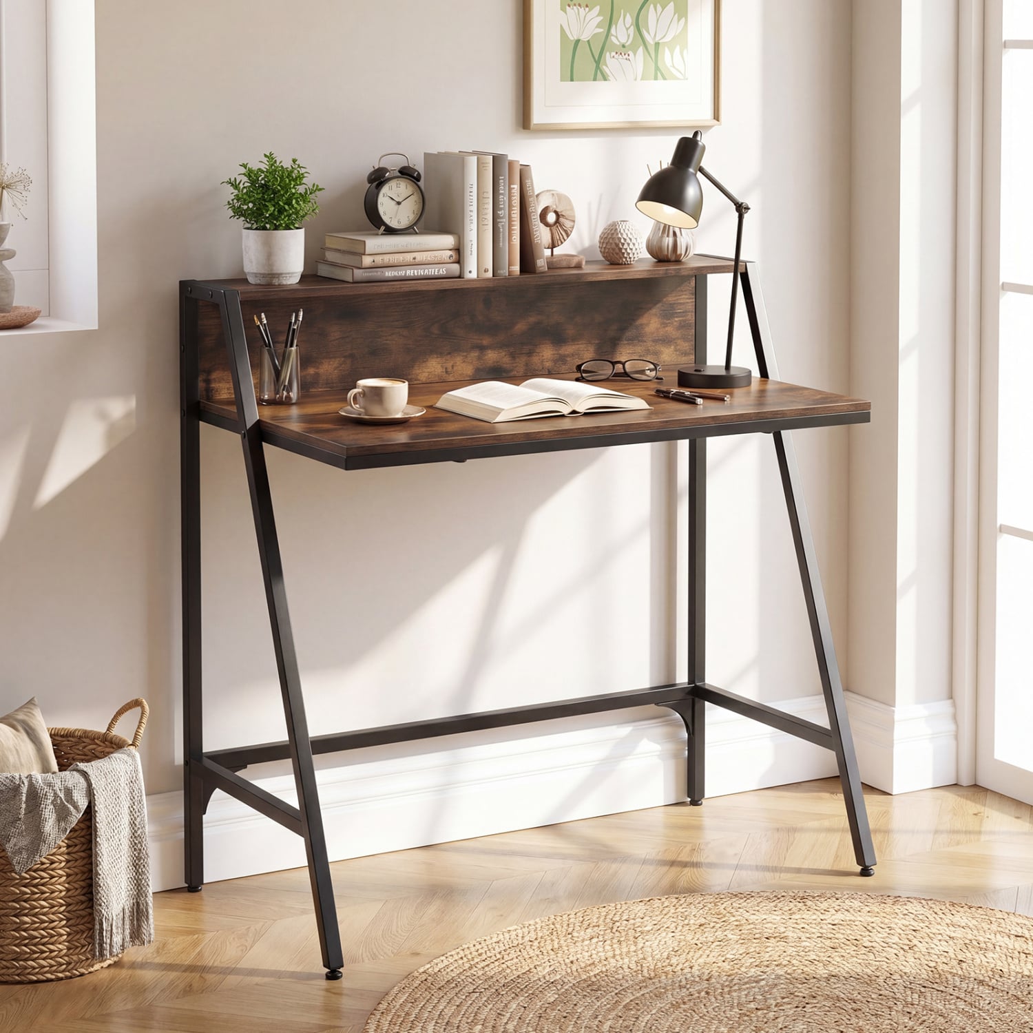 Industrial Desk With Raised Shelf, 31.5