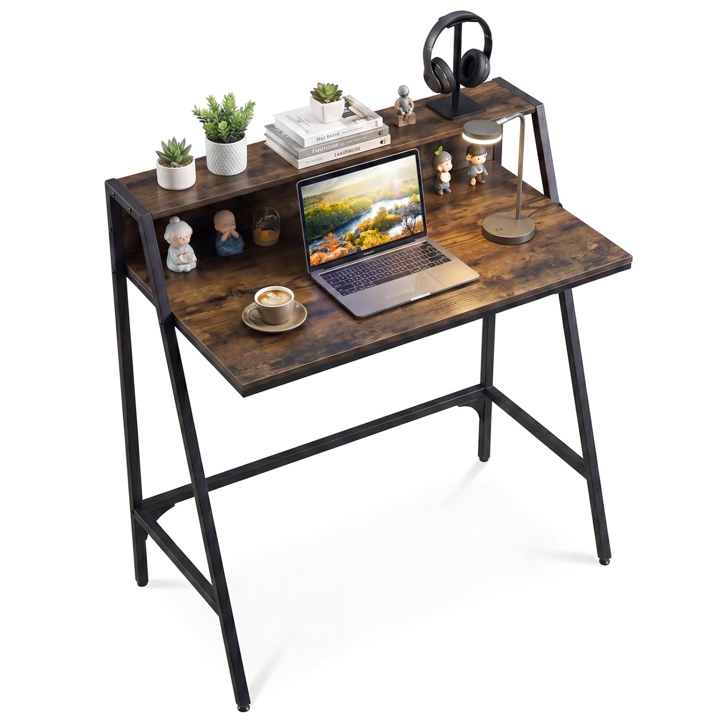 Industrial Desk With Raised Shelf, 31.5", Rustic Brown Computer Desks Rustic Brown at Gallery Canada
