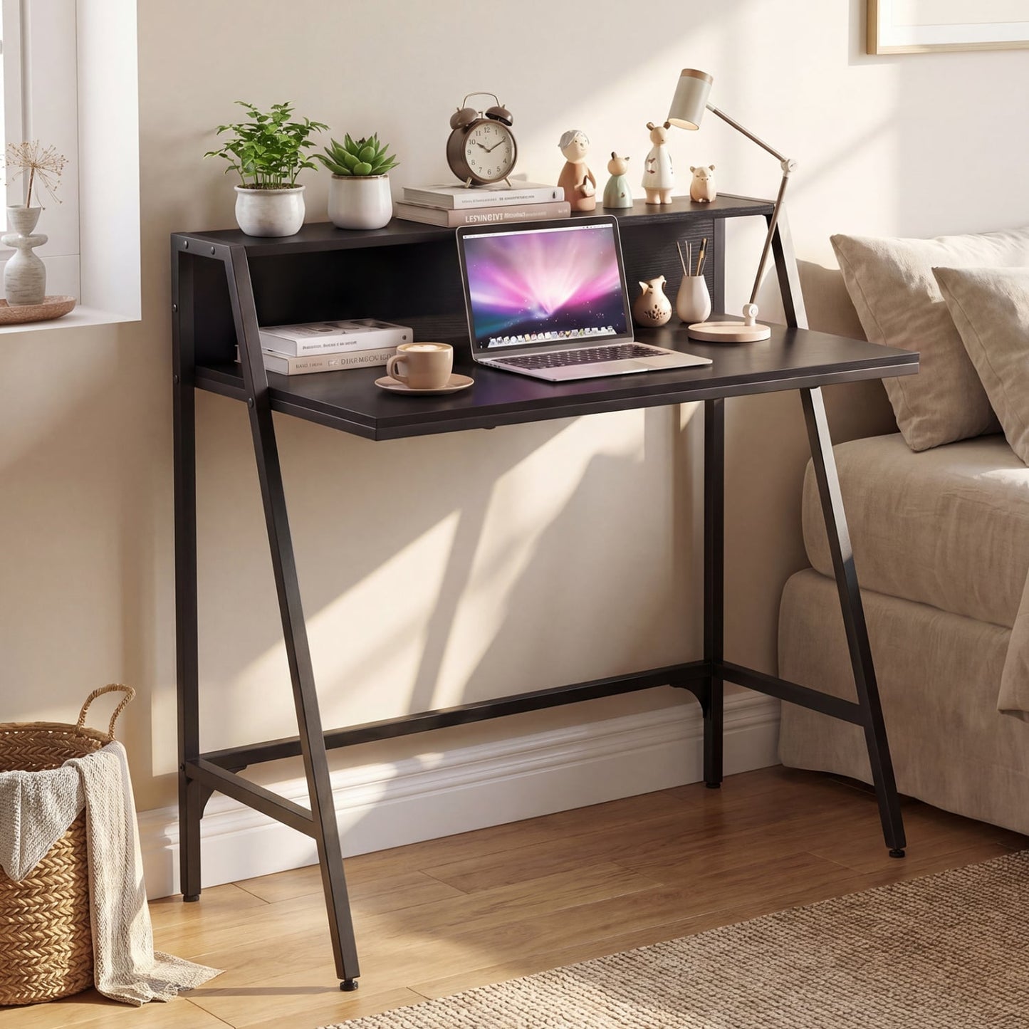 31.5" Industrial Desk With Raised Shelf, Black Computer Desks at Gallery Canada