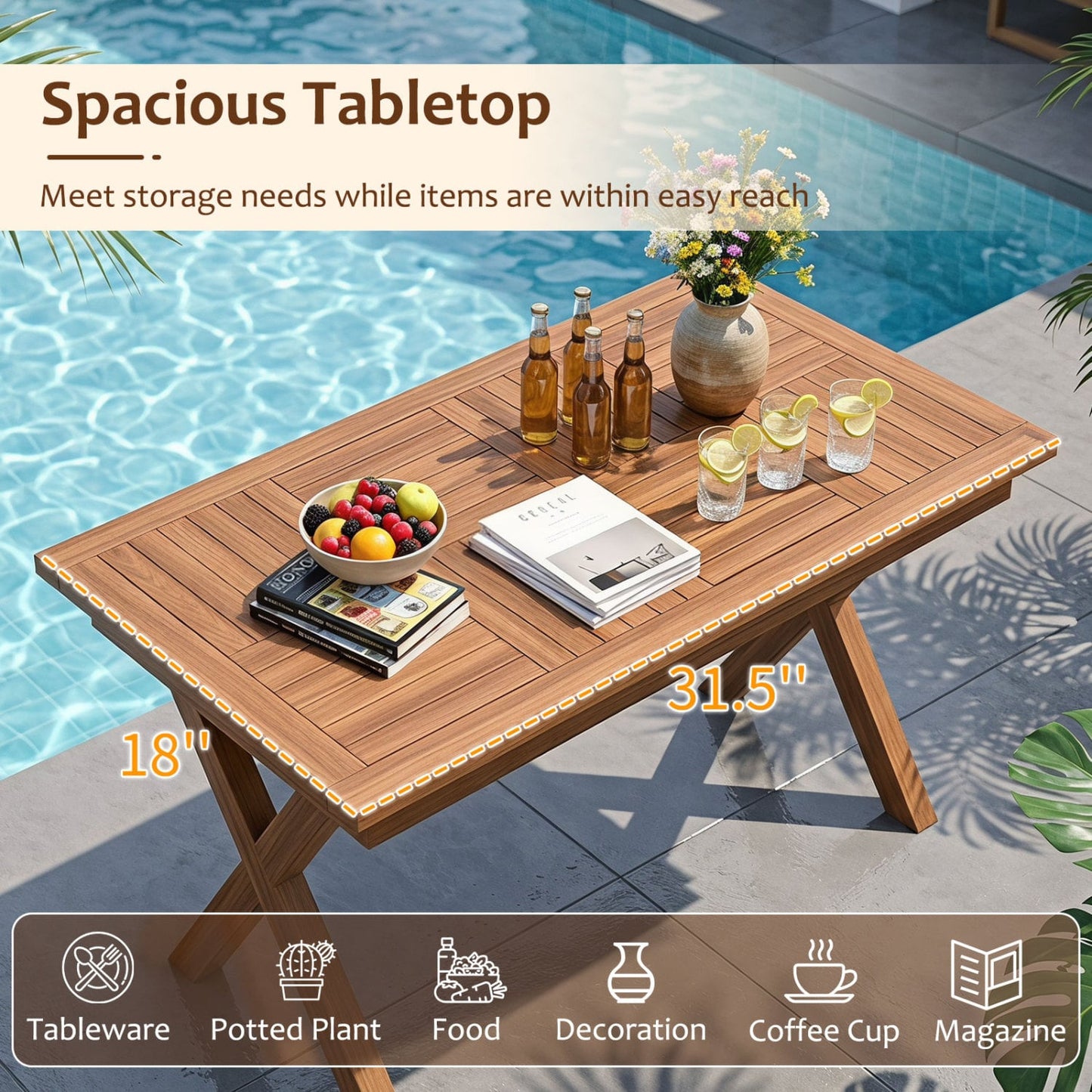 31.5" Teak Wood Outdoor Coffee Table, Slatted Patio Top